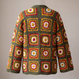 Green Boho Cardi back, granny squares running up to the neckline