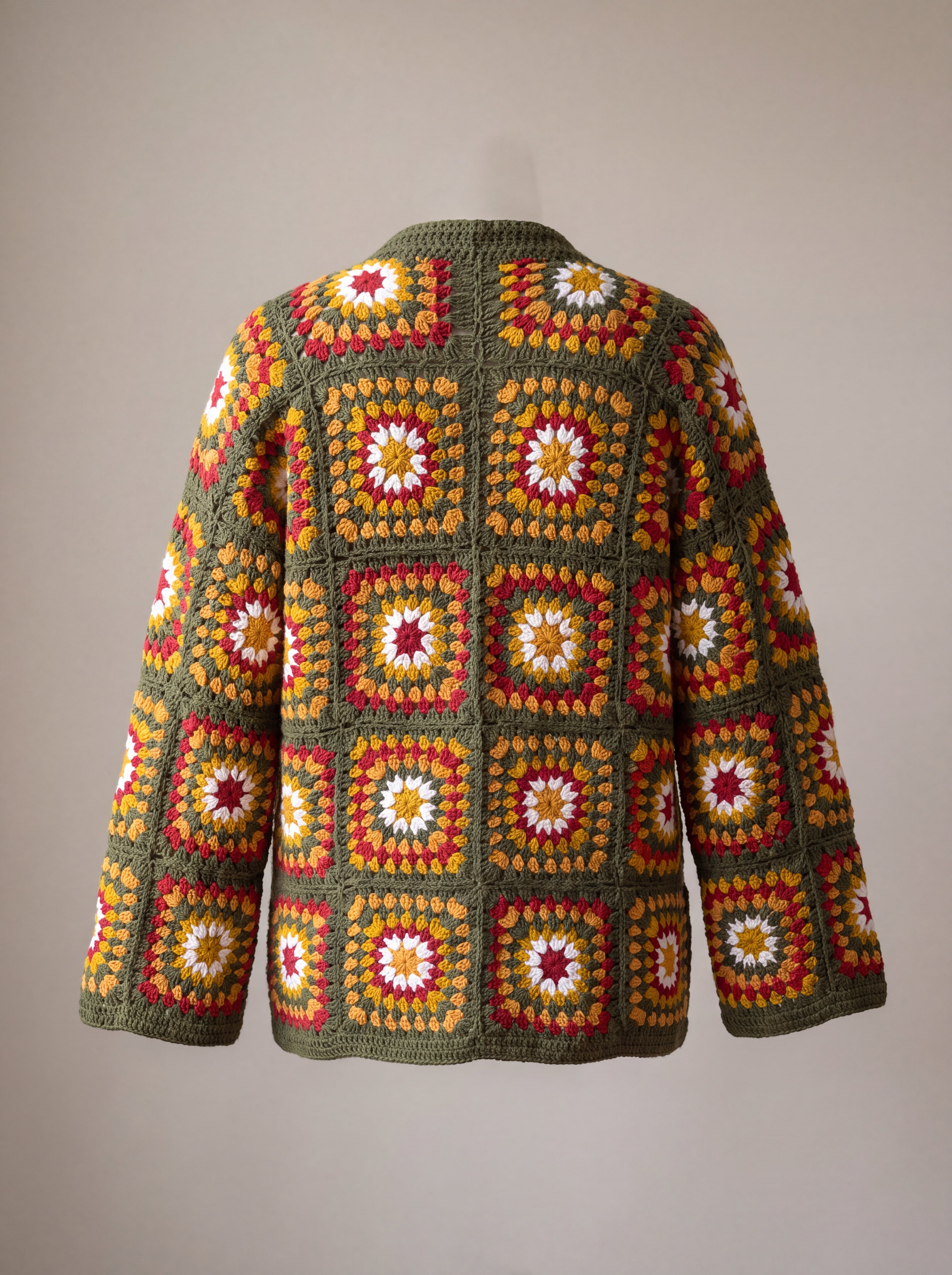 Green Boho Cardi back, granny squares running up to the neckline