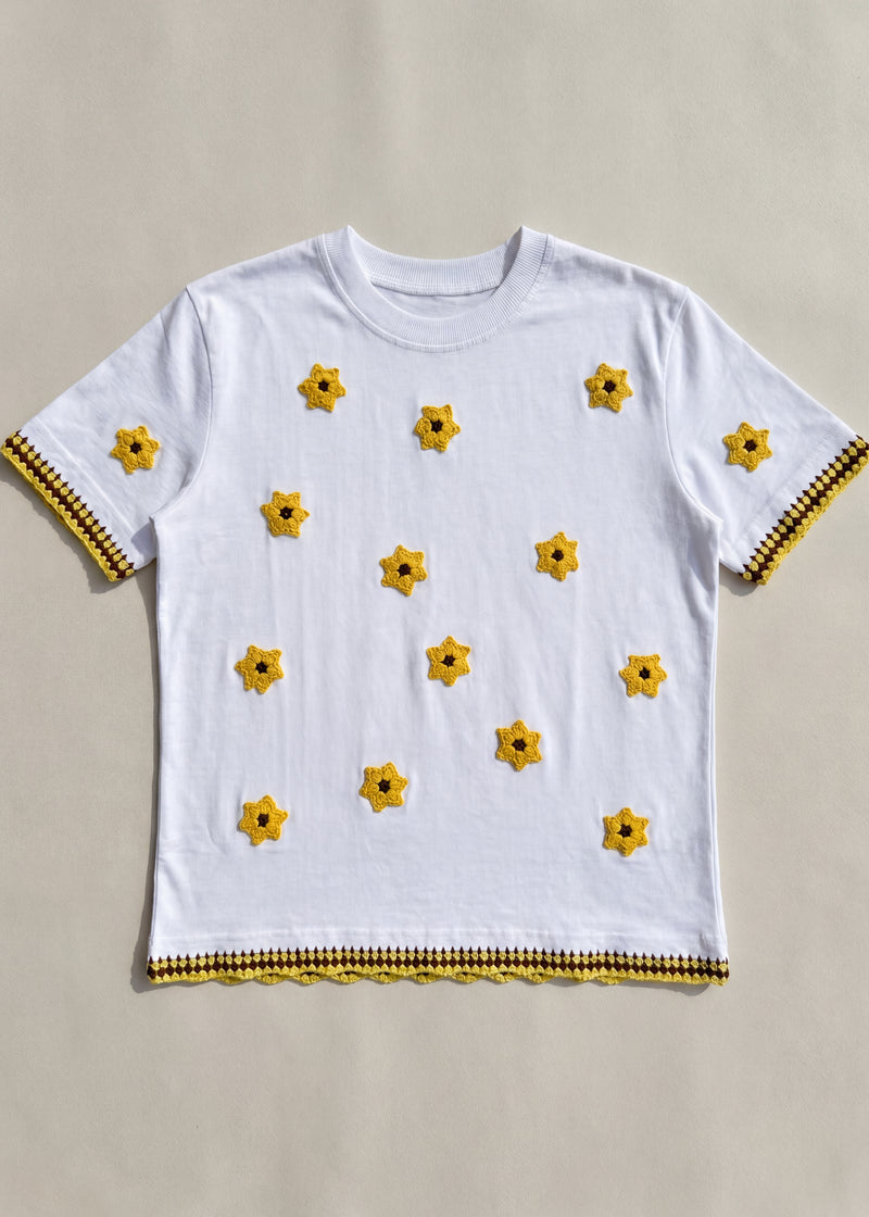 White cotton tee with small yellow crochet flowers and a checkerboard crochet trim, front view - handmade by Ana Chic