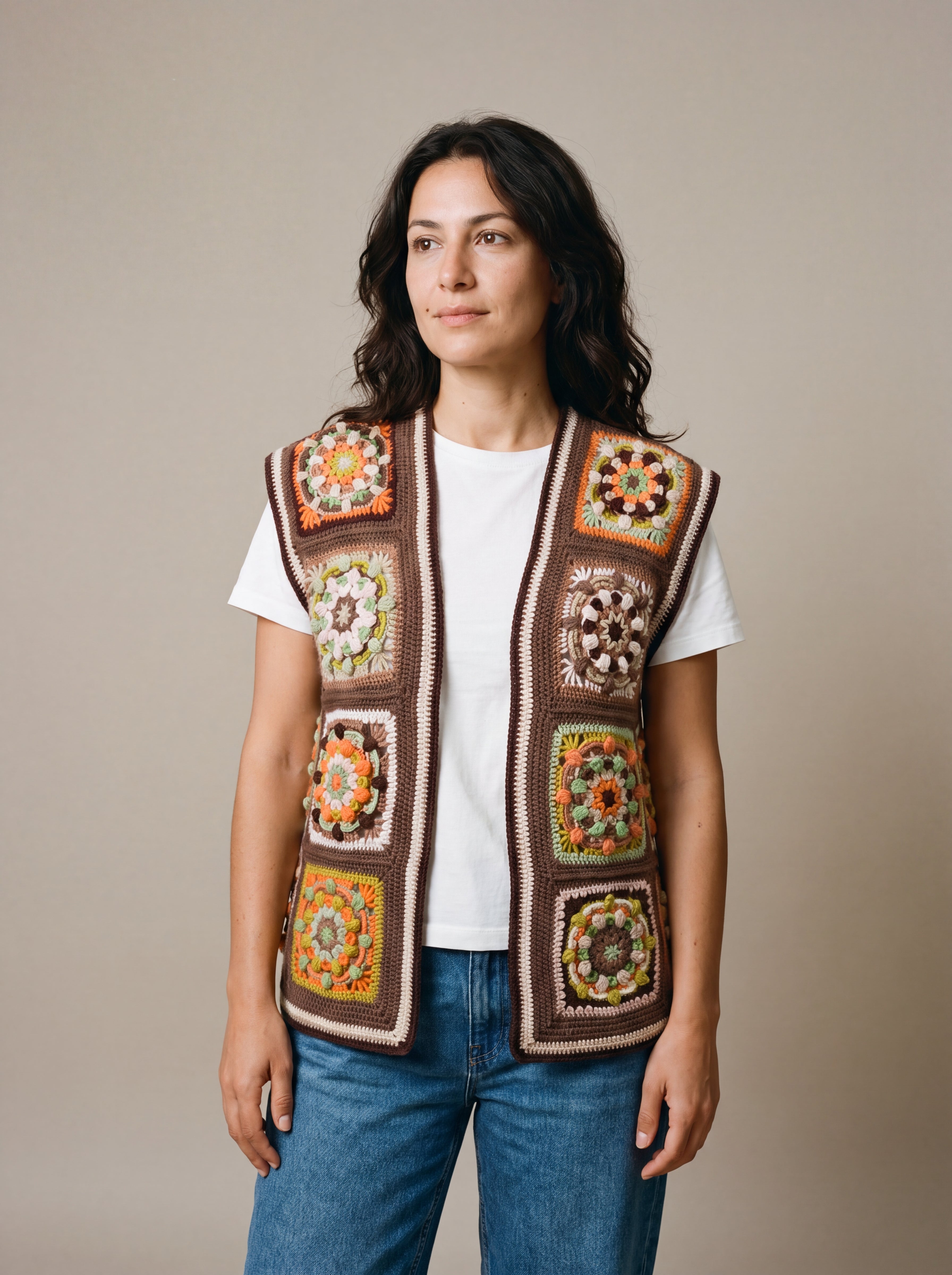Handmade crochet vest worn, studio — Ana Chic