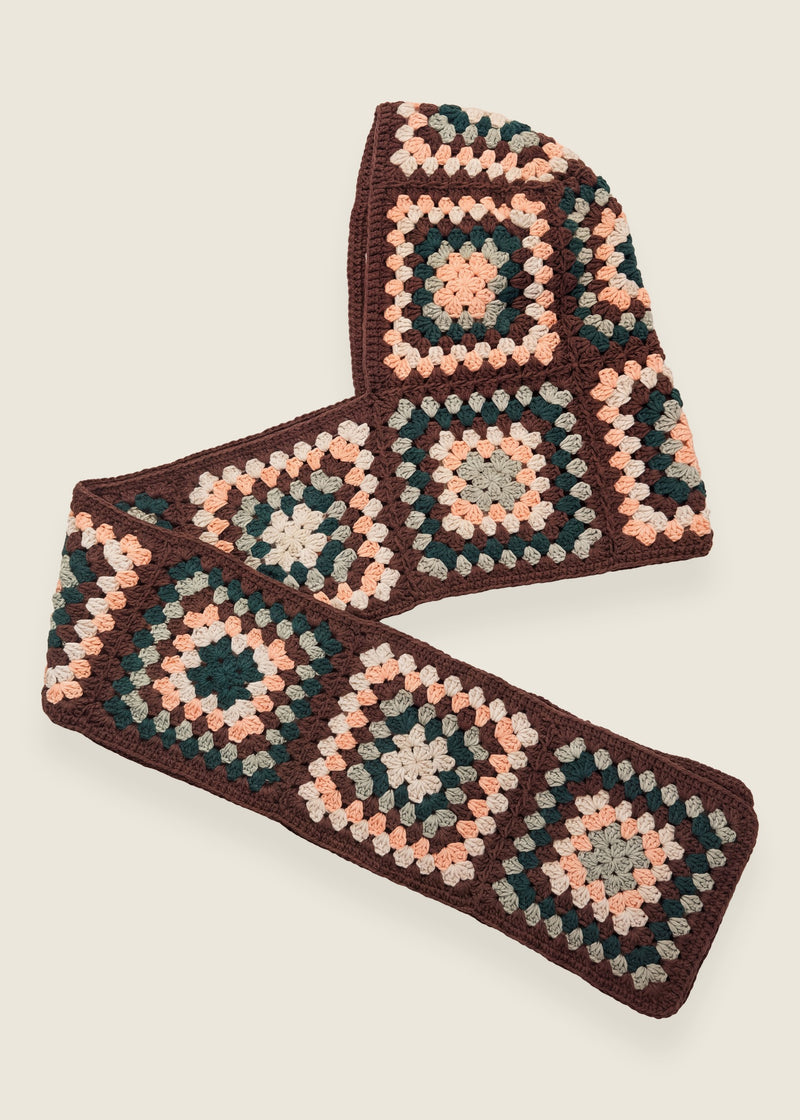 Brown granny-square crochet hooded scarf laid flat, hood and long scarf in one piece — handmade by Ana Chic