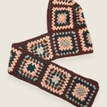 Brown granny-square crochet hooded scarf laid flat, hood and long scarf in one piece — handmade by Ana Chic