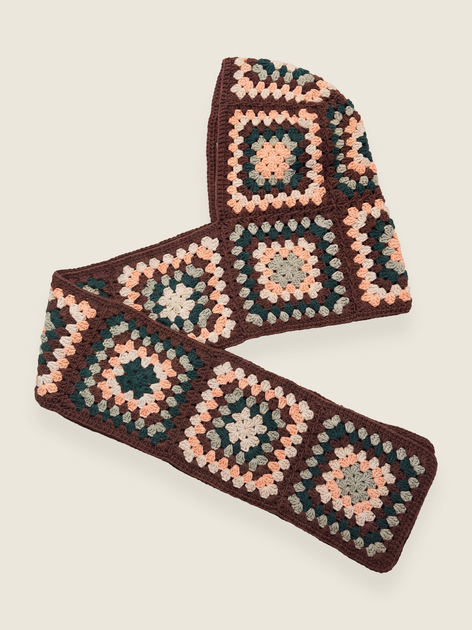 Brown granny-square crochet hooded scarf laid flat, hood and long scarf in one piece — handmade by Ana Chic