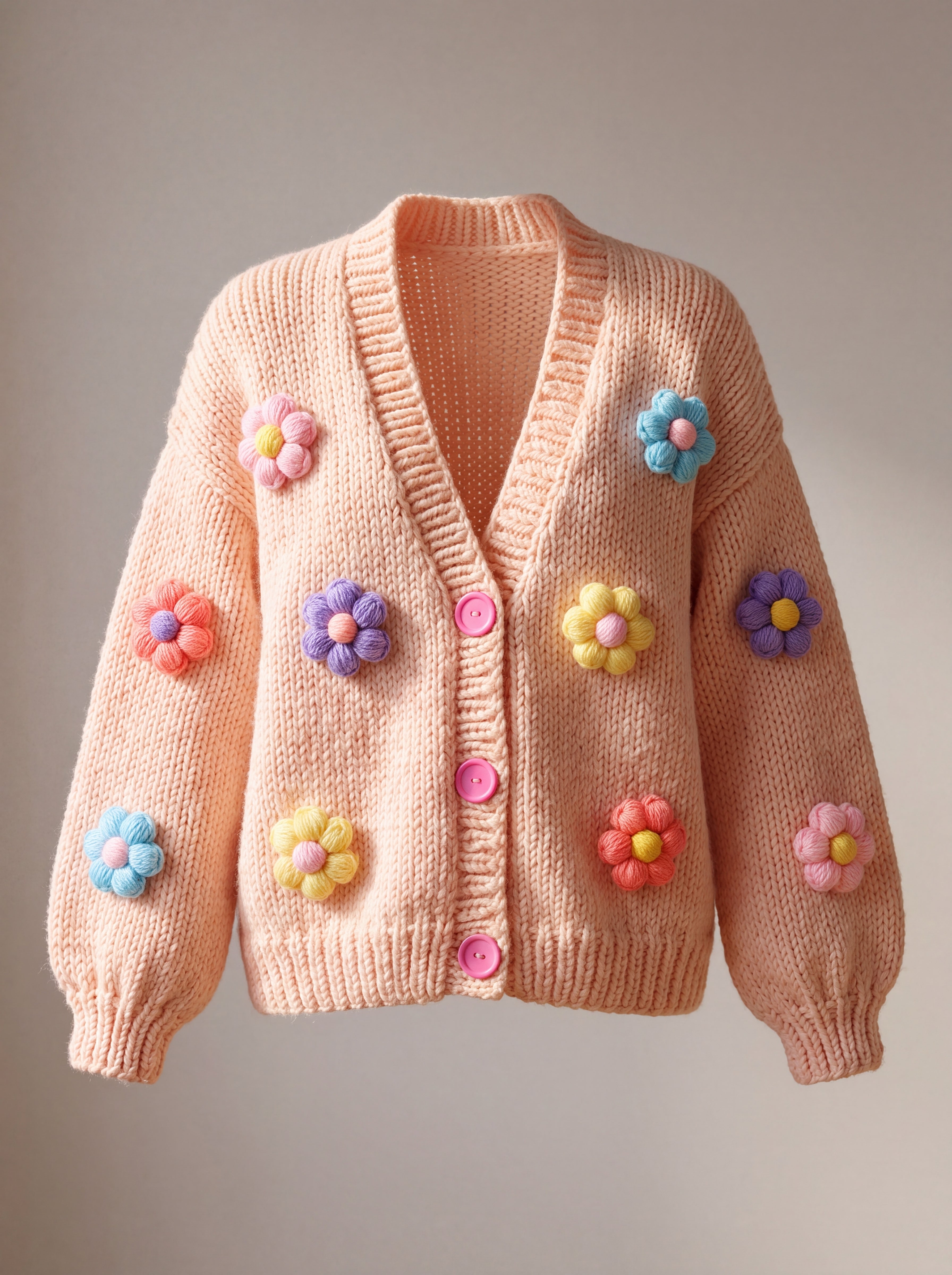 Daisy Peach cardigan front — peach chunky hand-knitted wool cardigan with pastel puff-stitch flowers and pink buttons, handmade by Ana Chic