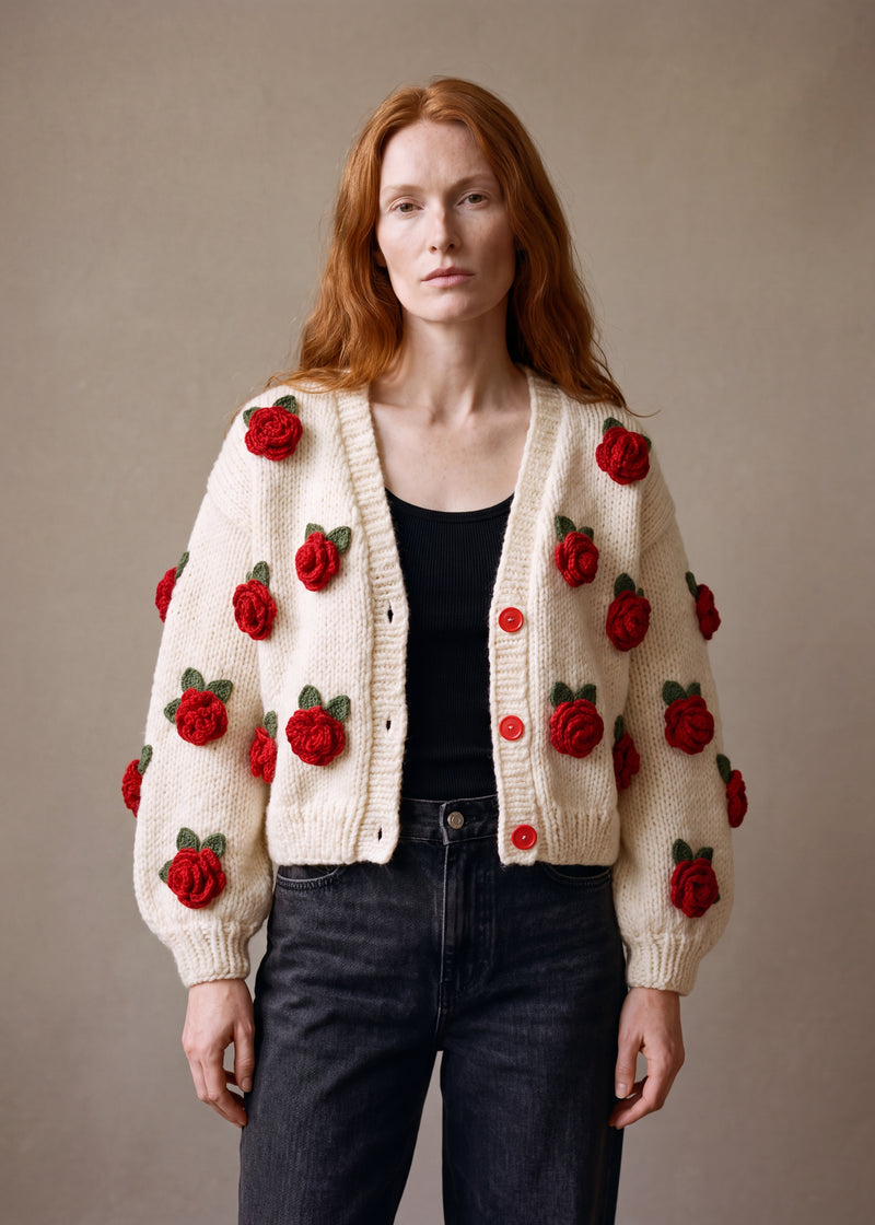 Rose Knit Cardigan - cream chunky hand-knitted wool cardigan with crocheted motifs, worn open over a plain top by Ana Chic