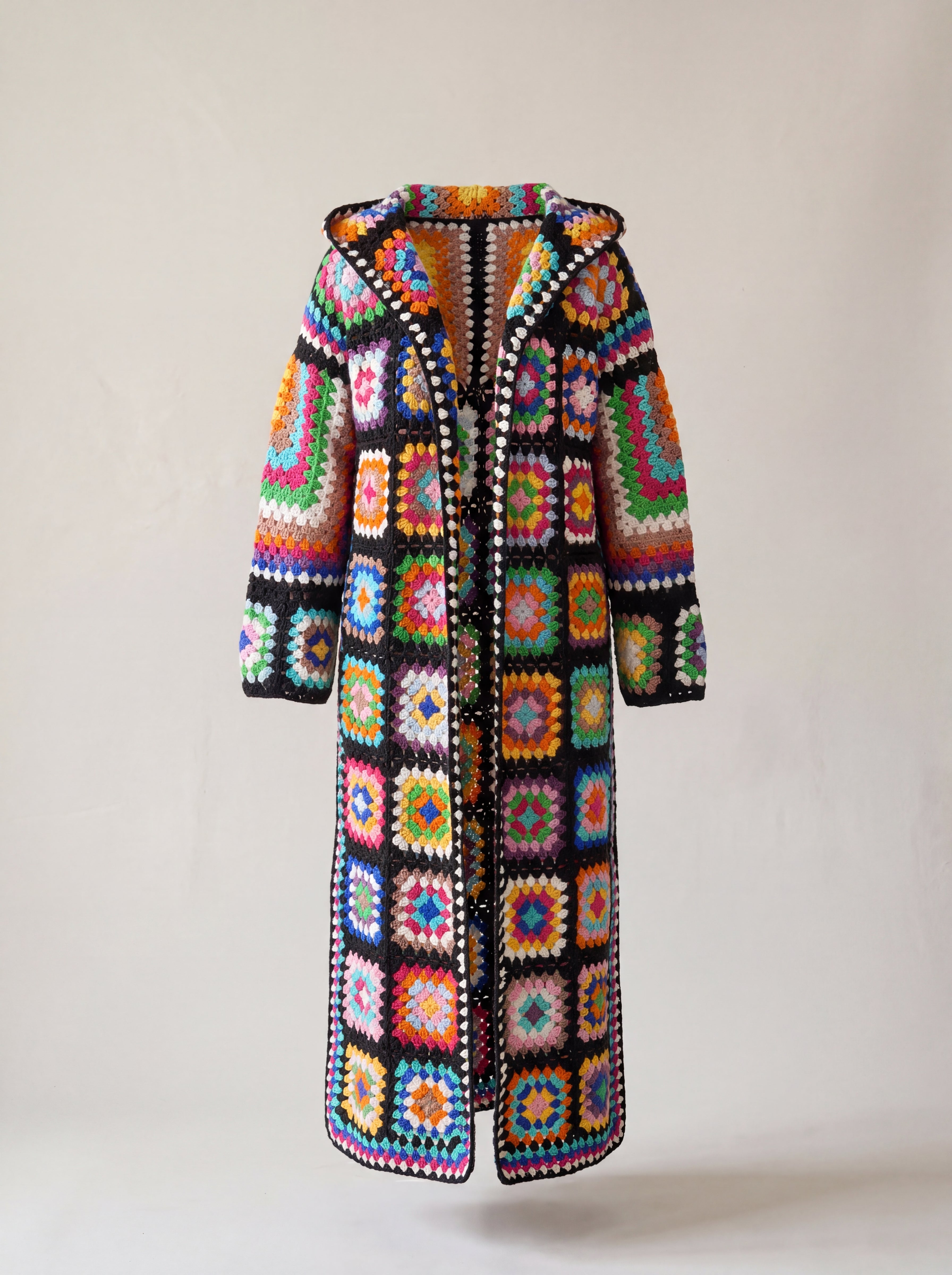Handmade organic cotton long hooded crochet coat by Ana Chic