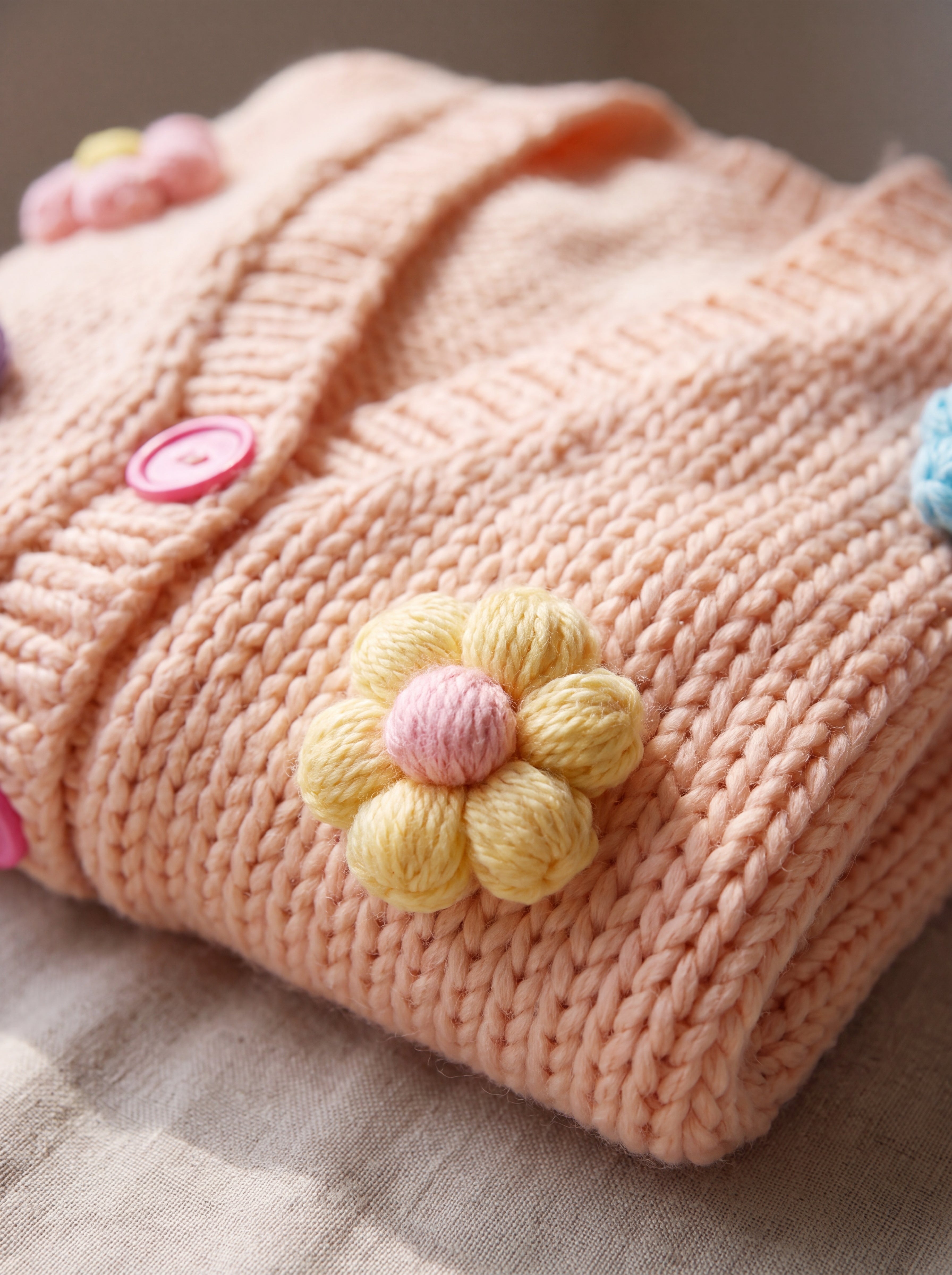 Detail of the Daisy Peach cardigan — a crocheted butter-yellow puff-stitch flower and pink buttons on peach chunky hand-knitted wool, handmade by Ana Chic