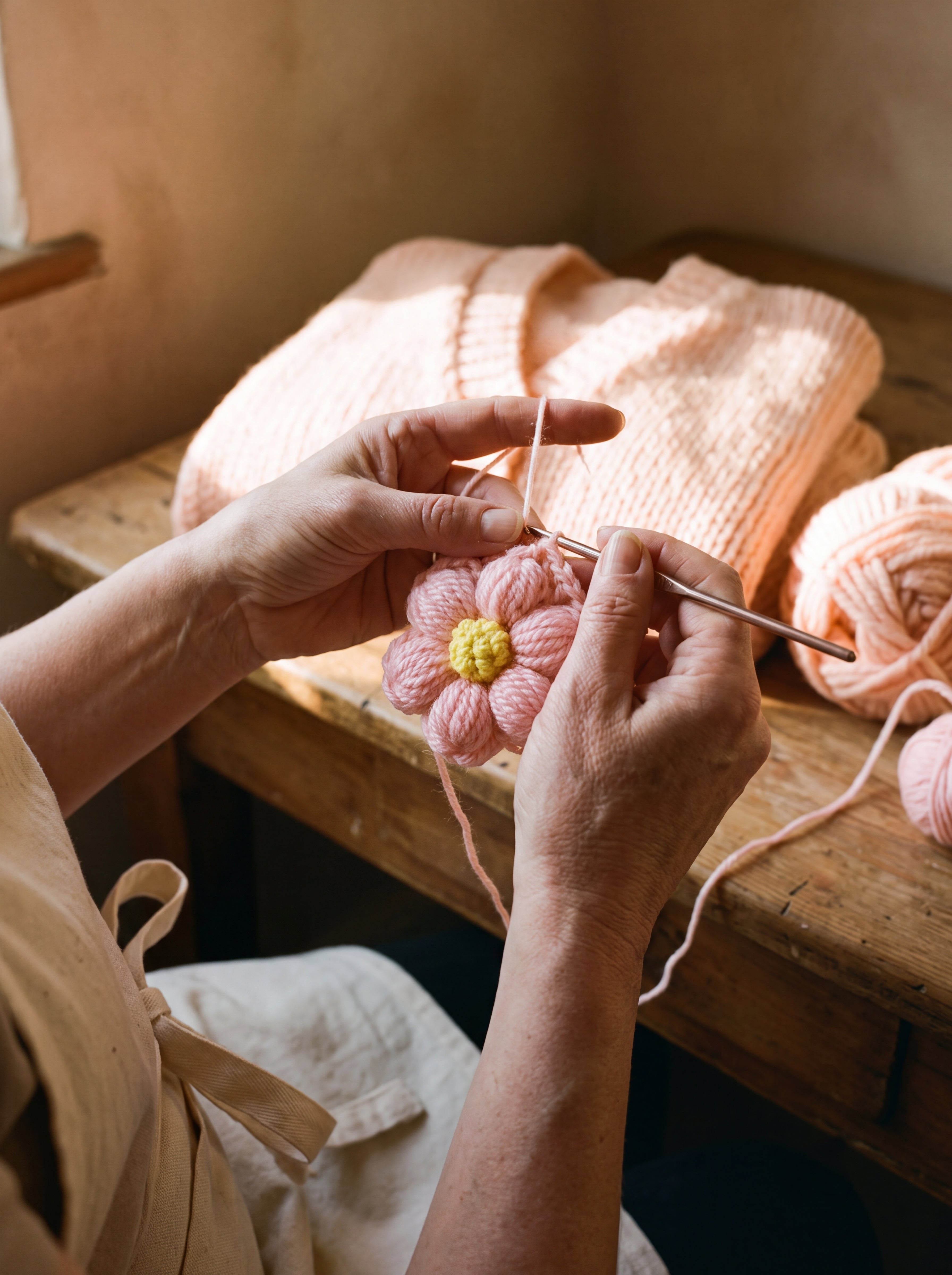 Hands crocheting a pastel pink puff-stitch flower for the Daisy Peach cardigan in the atelier — handmade by Ana Chic
