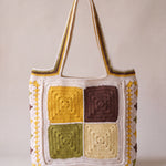 Back of the mustard crochet tote bag with four plain granny squares — handmade by Ana Chic