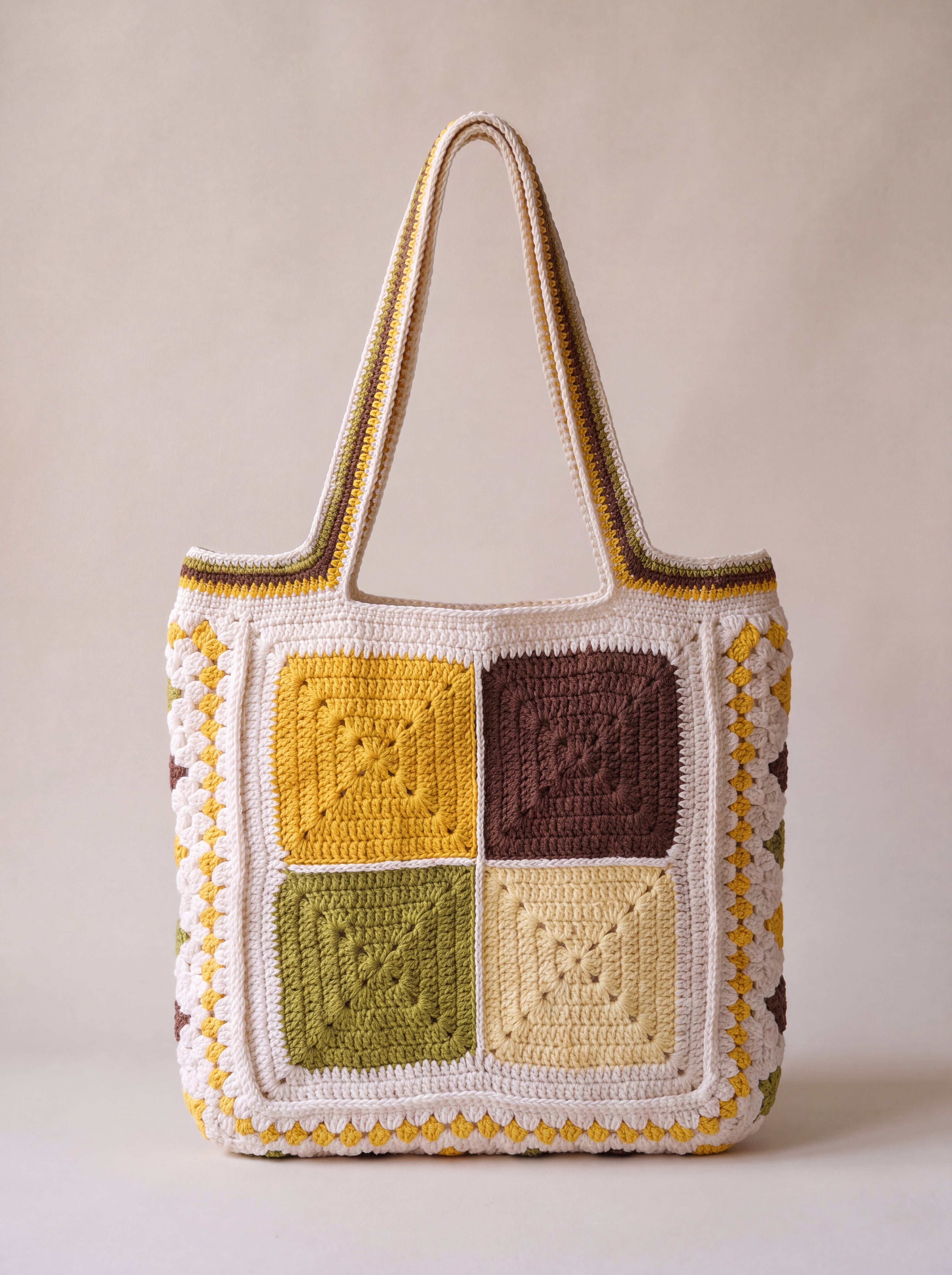 Back of the mustard crochet tote bag with four plain granny squares — handmade by Ana Chic