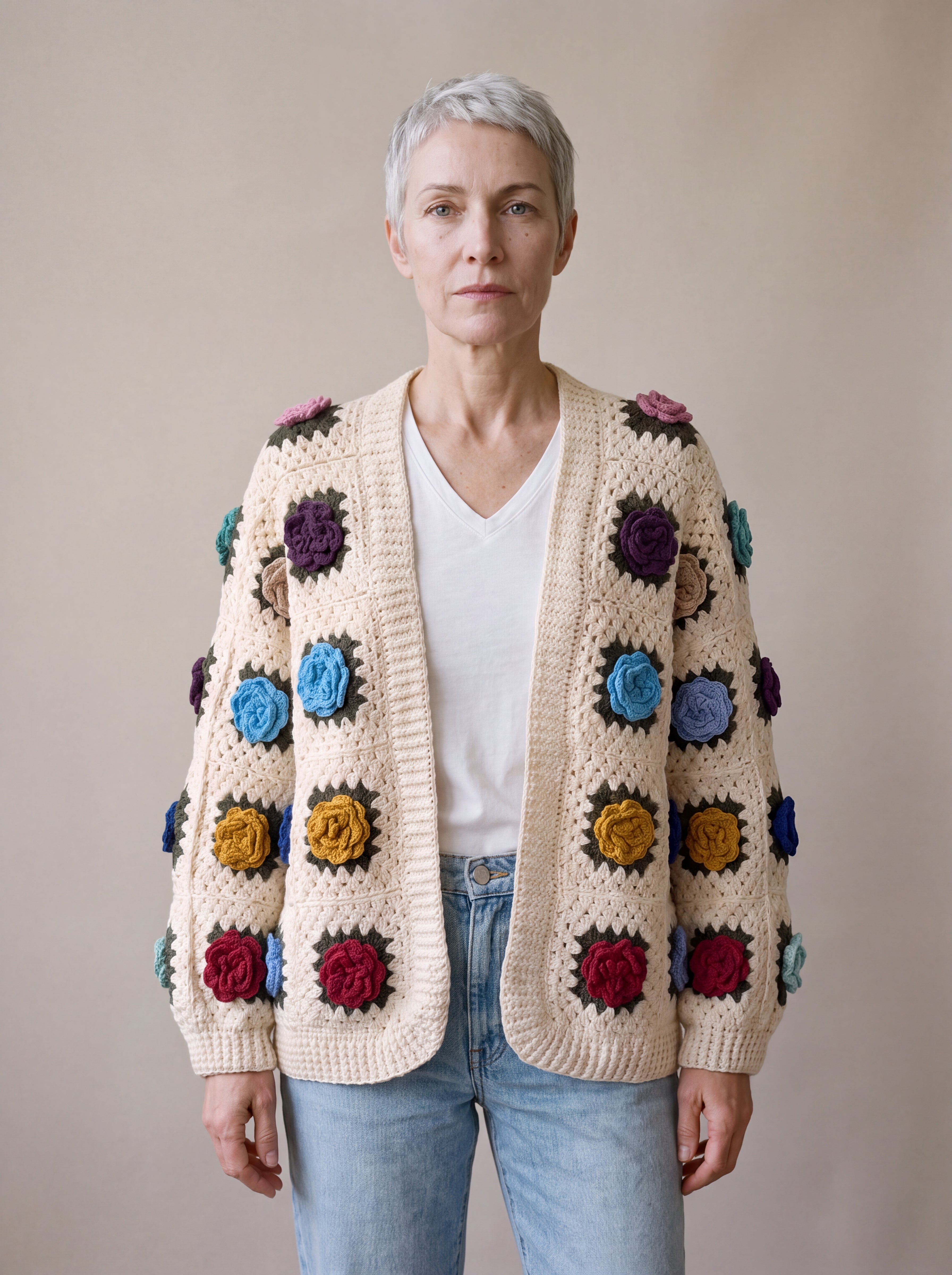 Woman wearing the cream rose granny-square cardigan open over a white V-neck tee and light-blue jeans — handmade by Ana Chic