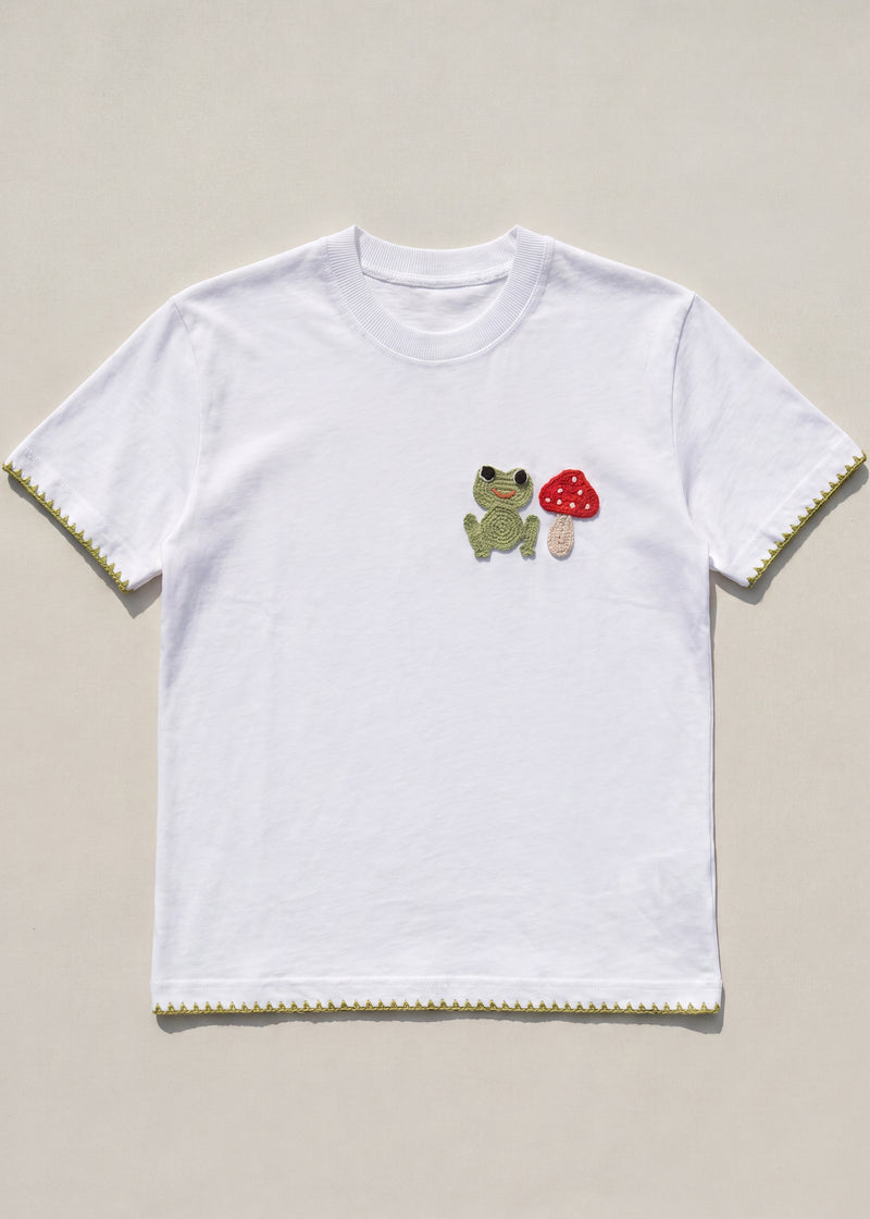 Handmade organic cotton t-shirt with crochet accents by Ana Chic