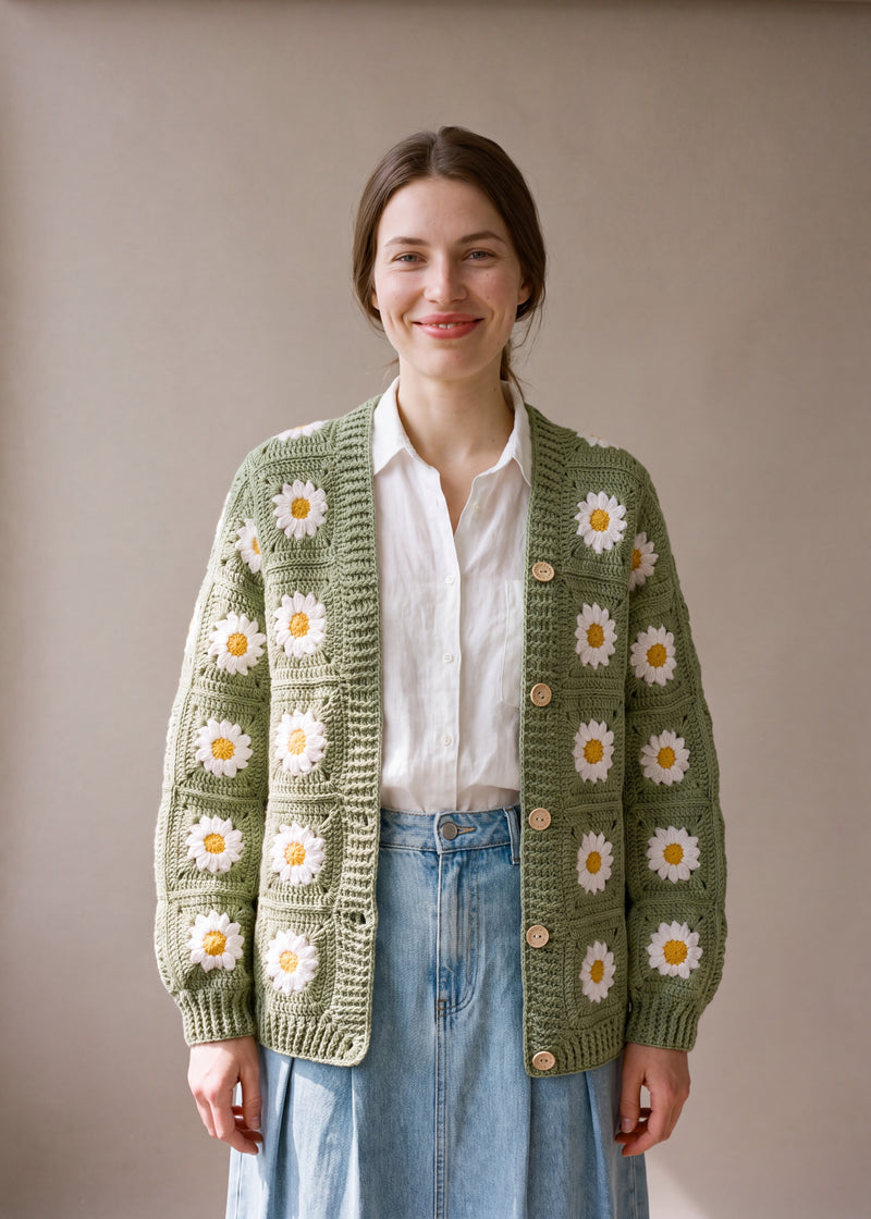 Clover worn open - handmade crochet cardigan by Ana Chic, Brighton studio