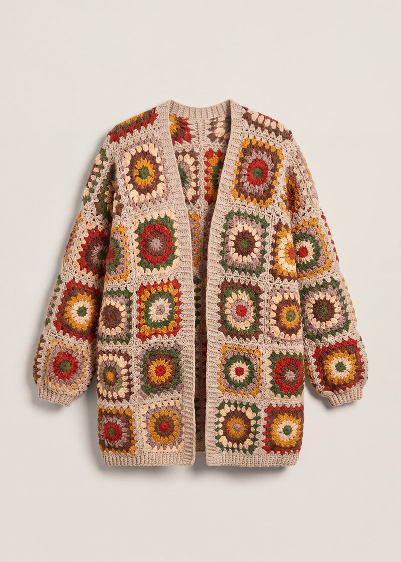 Oatmeal granny-square cardigan with rust, mustard and green sunburst centres, front view - handmade by Ana Chic