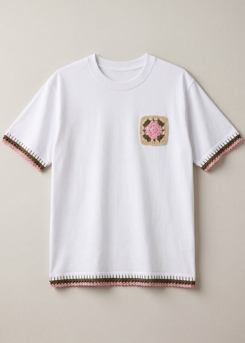 White cotton tee with a single pink and olive granny square at the chest and crochet trim, front view - handmade by Ana Chic