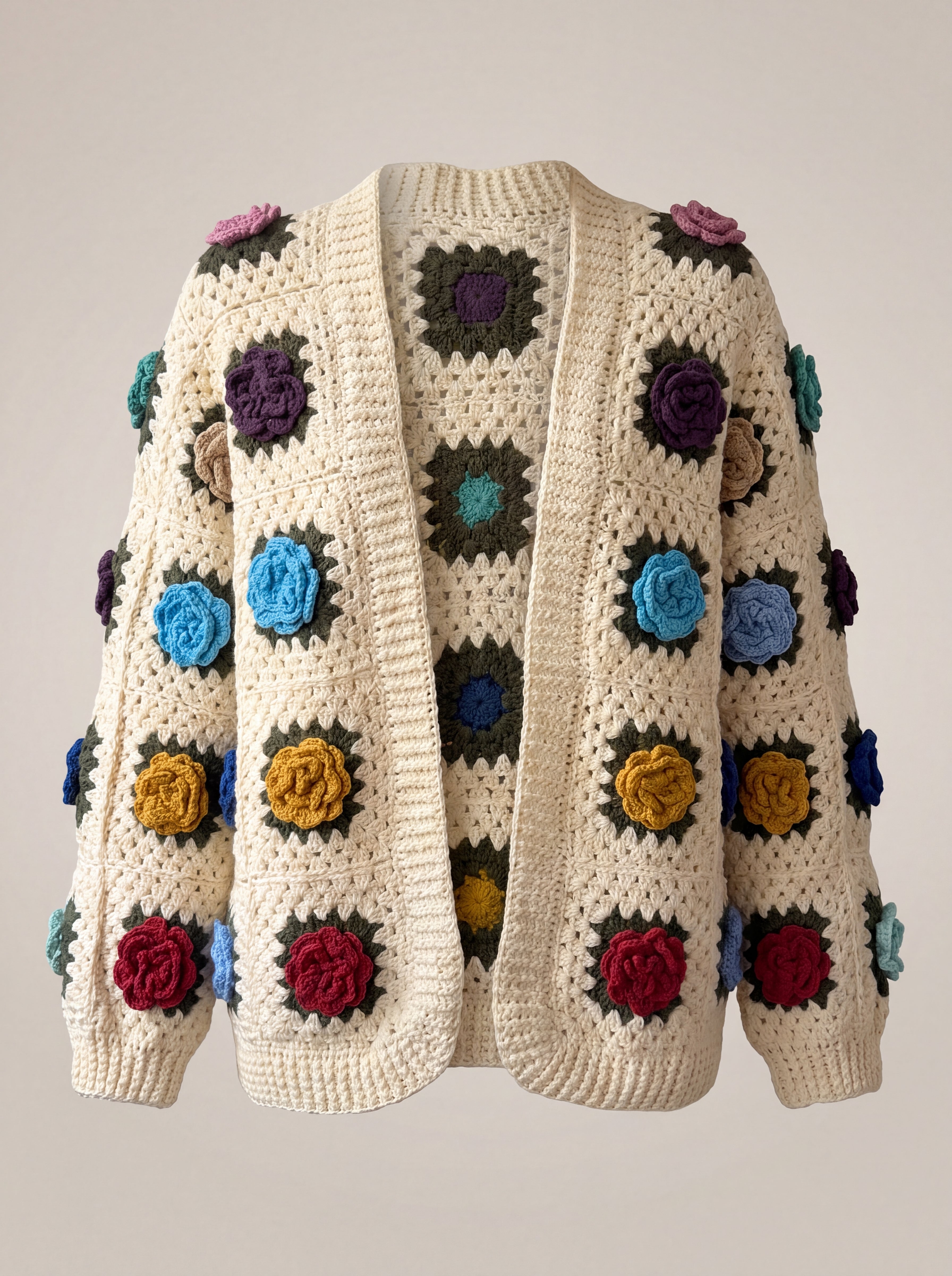 Cream granny-square cardigan with raised multicolour crochet roses, open front and softly full sleeves gathered into ribbed cuffs — handmade by Ana Chic