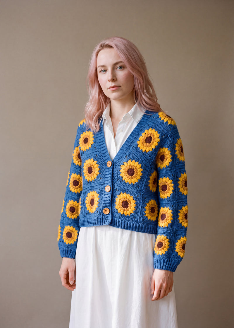Crop Sunflower Cardigan - Blue - Strong cornflower/royal blue squares crocheted granny square cardigan with raised crochet sunflowers, worn by Ana Chic