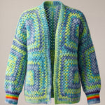 Lime, aqua and denim-blue granny square cardigan, front view — handmade by Ana Chic