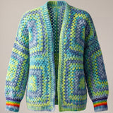Lime, aqua and denim-blue granny square cardigan, front view — handmade by Ana Chic
