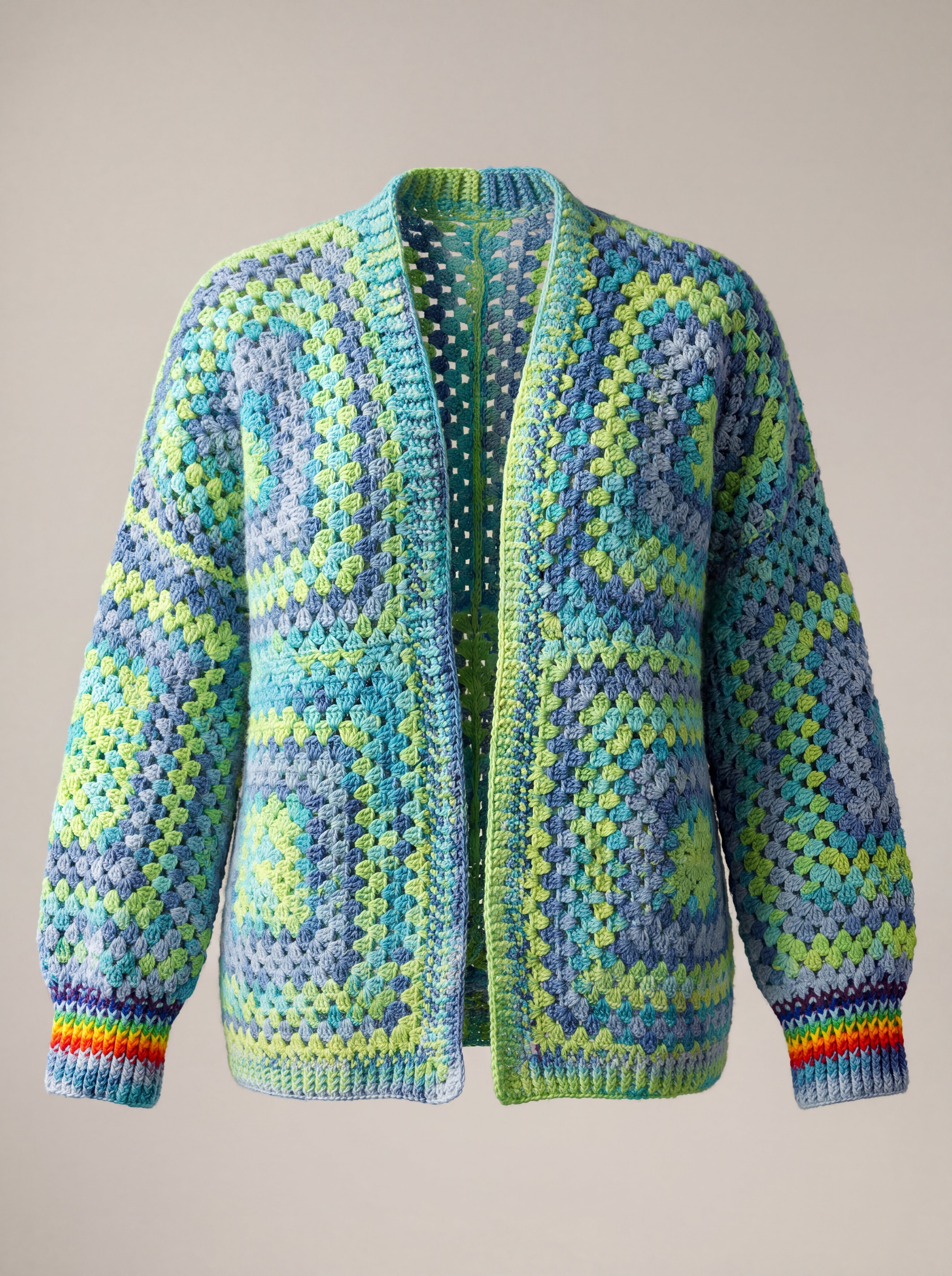 Lime, aqua and denim-blue granny square cardigan, front view — handmade by Ana Chic