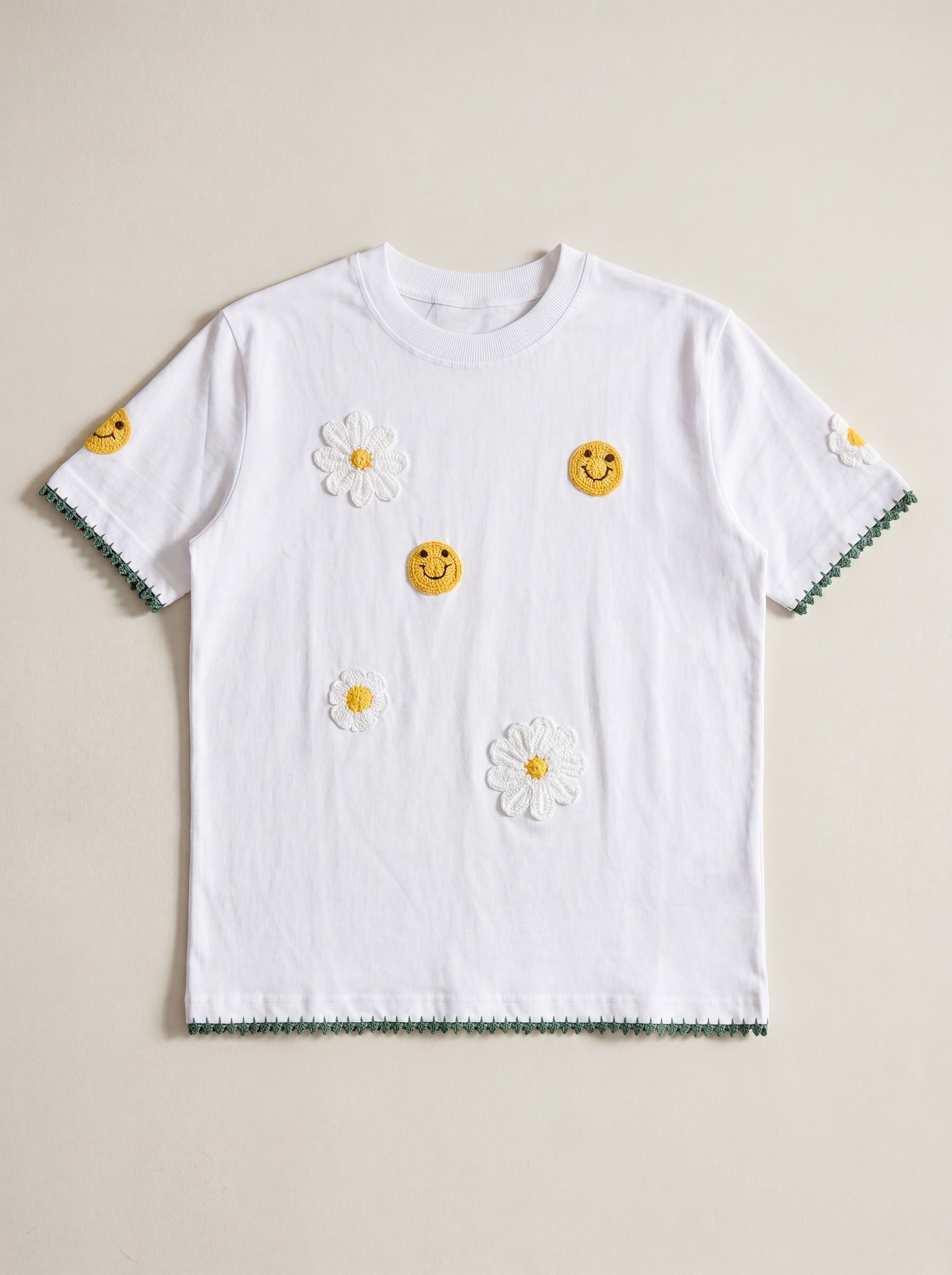 Handmade organic cotton t-shirt with crochet accents by Ana Chic