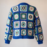 Back of the cobalt and green Ribbed Cuff Cardigan with ribbed hem and cuffs - handmade by Ana Chic
