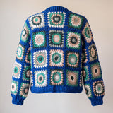Back of the cobalt and green Ribbed Cuff Cardigan with ribbed hem and cuffs - handmade by Ana Chic