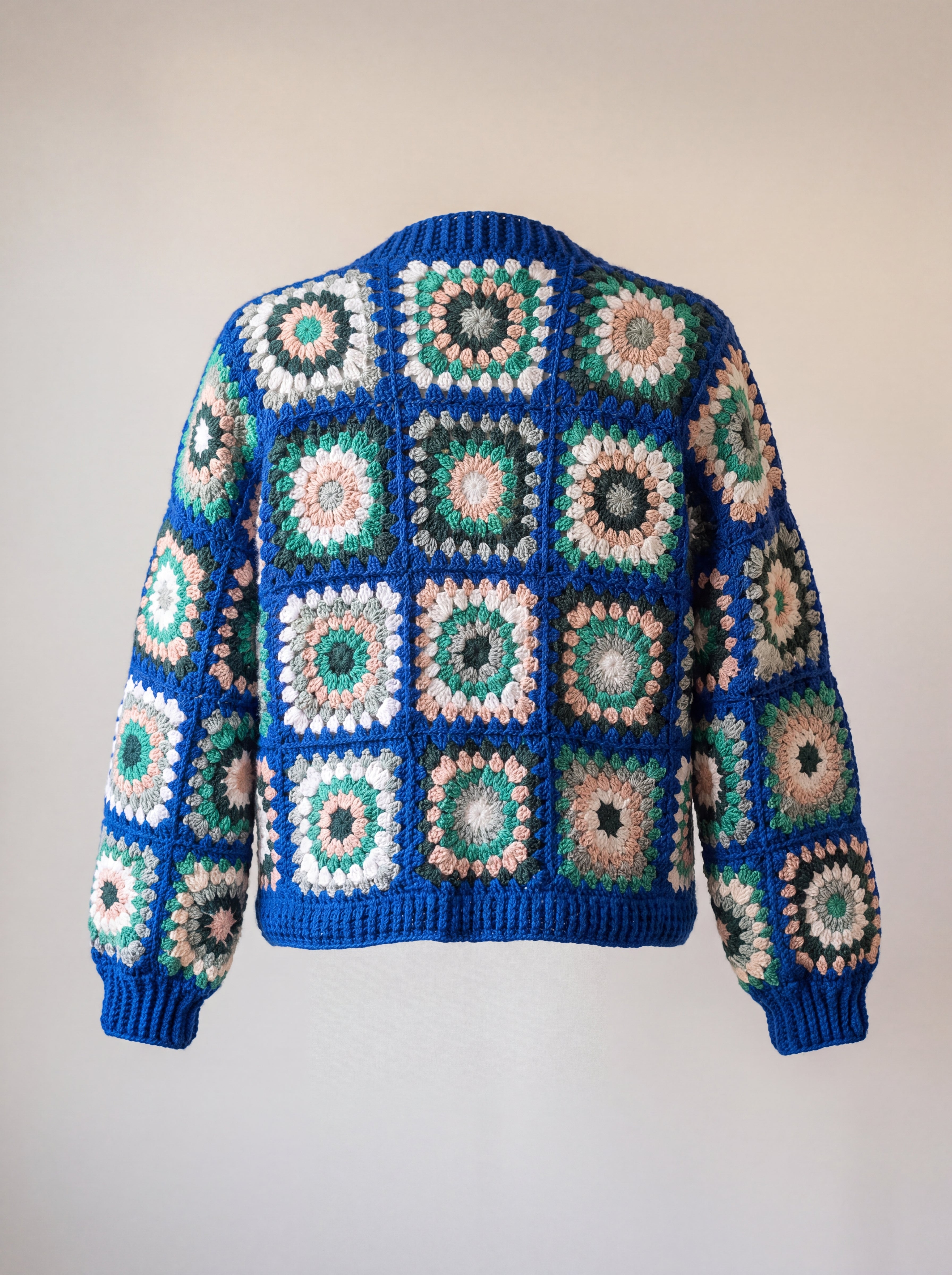 Back of the cobalt and green Ribbed Cuff Cardigan with ribbed hem and cuffs - handmade by Ana Chic