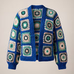 Front of the cobalt and green Ribbed Cuff Cardigan, crocheted squares of sage, blush and bottle green rings - handmade by Ana Chic