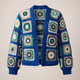 Front of the cobalt and green Ribbed Cuff Cardigan, crocheted squares of sage, blush and bottle green rings - handmade by Ana Chic