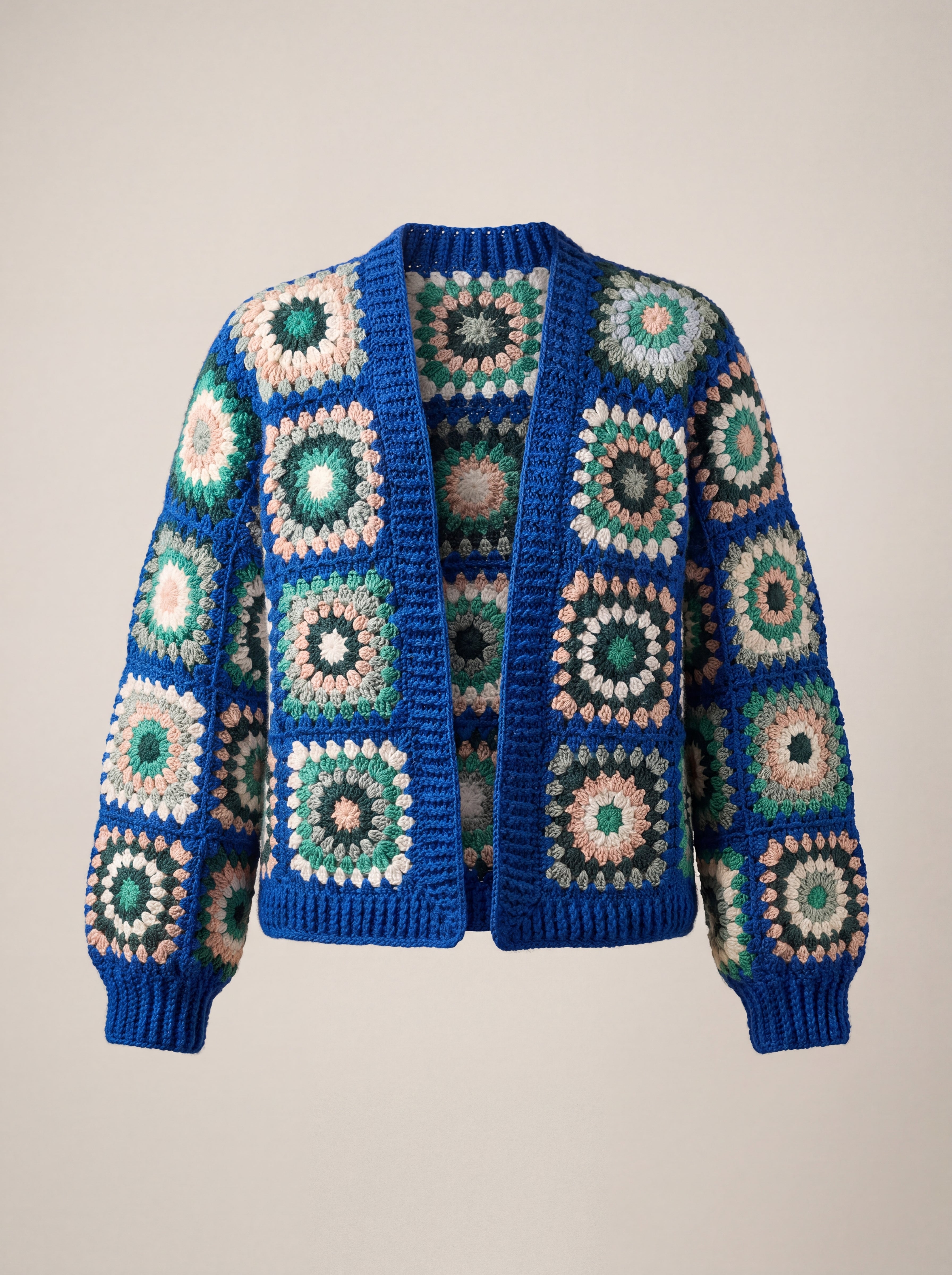 Front of the cobalt and green Ribbed Cuff Cardigan, crocheted squares of sage, blush and bottle green rings - handmade by Ana Chic