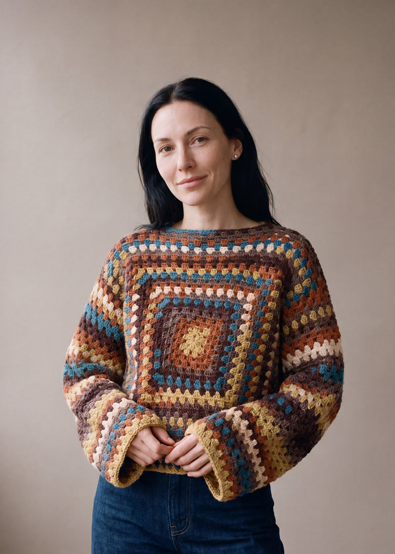 Earth Chunky Wool Jumper worn by a model, showing the wide sleeves and relaxed fit — handmade by Ana Chic