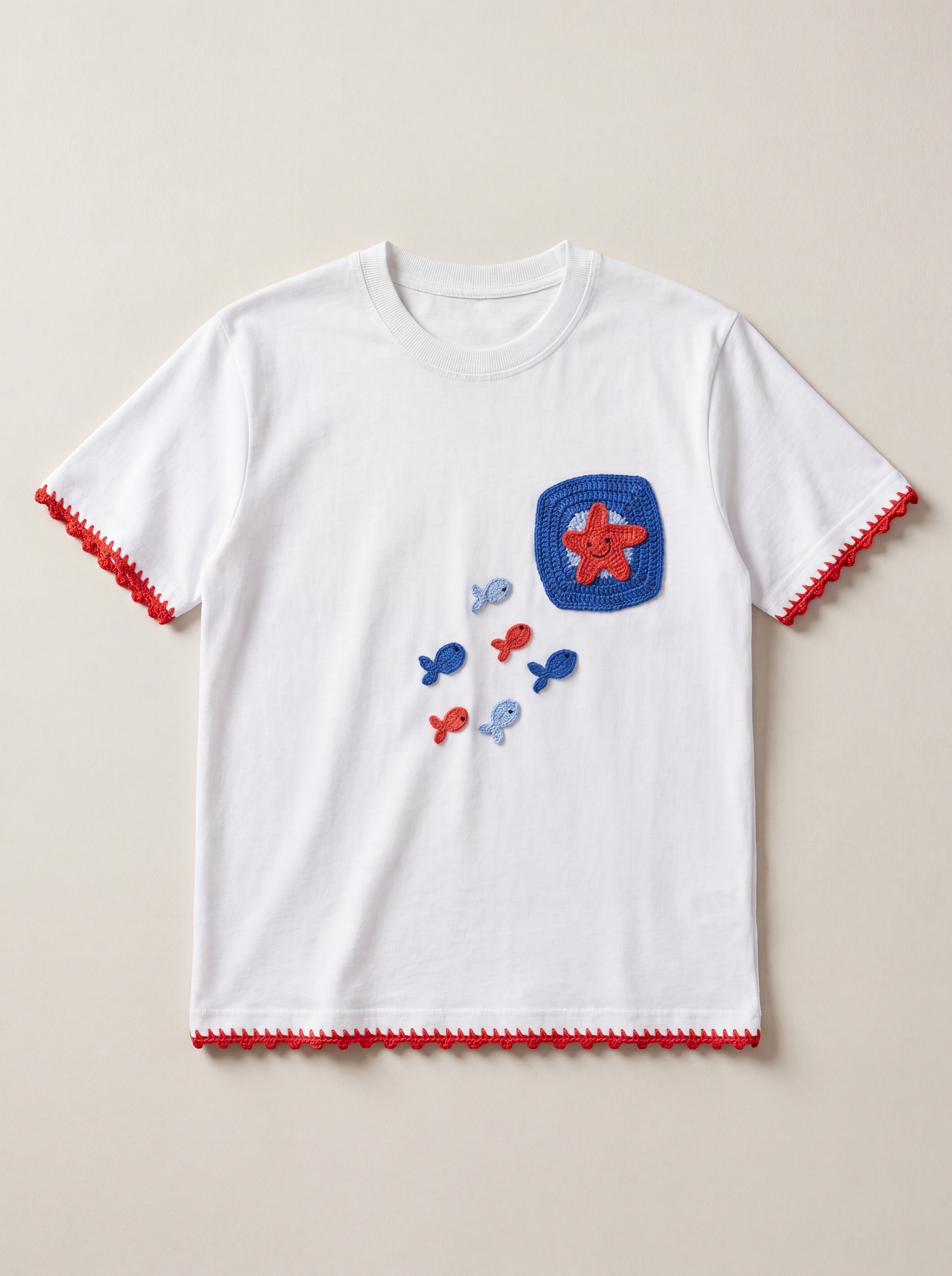 Handmade organic cotton t-shirt with crochet accents by Ana Chic