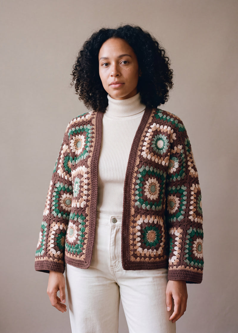 Boho Mosaic Brown - chocolate brown handmade crochet granny square cardigan worn open over a plain top by Ana Chic