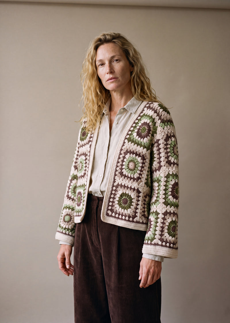 Boho Mosaic Green - cream handmade crochet granny square cardigan worn open over a plain top by Ana Chic