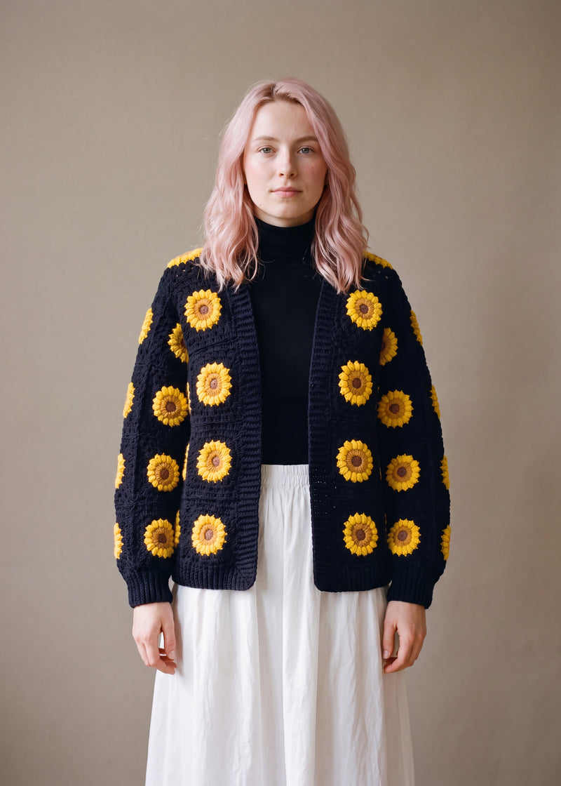 3D Sunflower Black Cardigan - Near-black navy crocheted granny square cardigan with raised crochet sunflowers, worn by Ana Chic