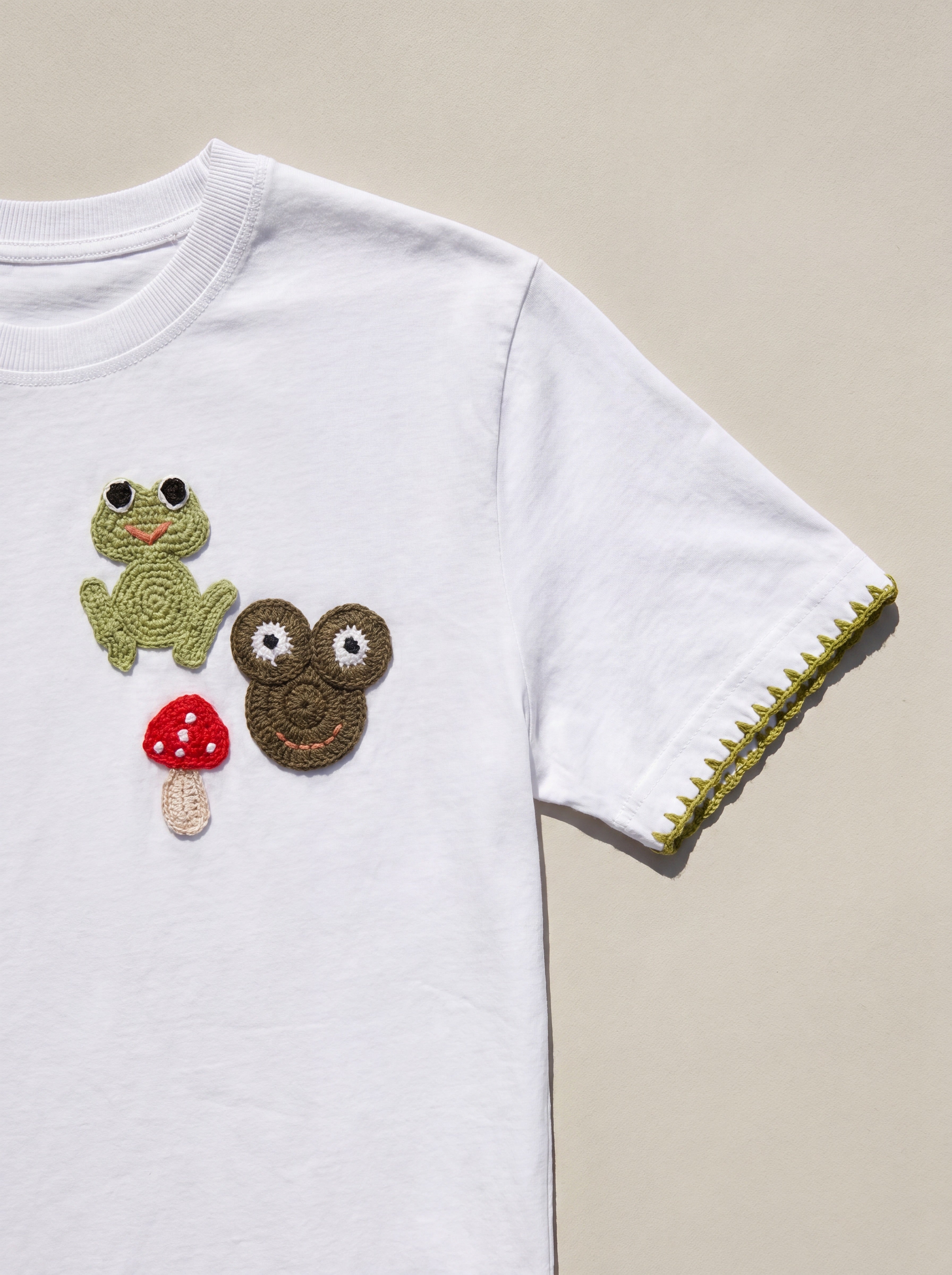Handmade organic cotton t-shirt with crochet accents by Ana Chic