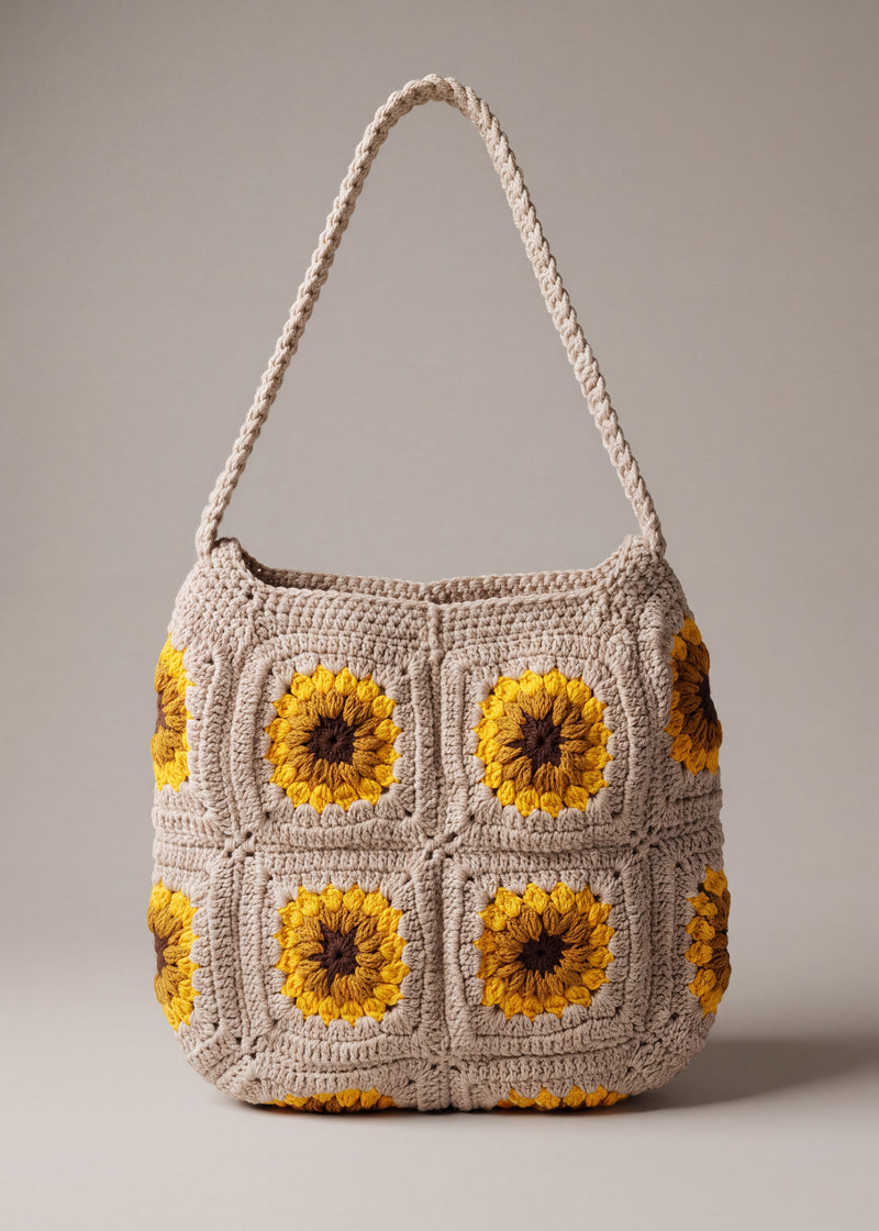 Front of the beige crochet crossbody bag with four sunflower squares and a long braided strap — handmade by Ana Chic