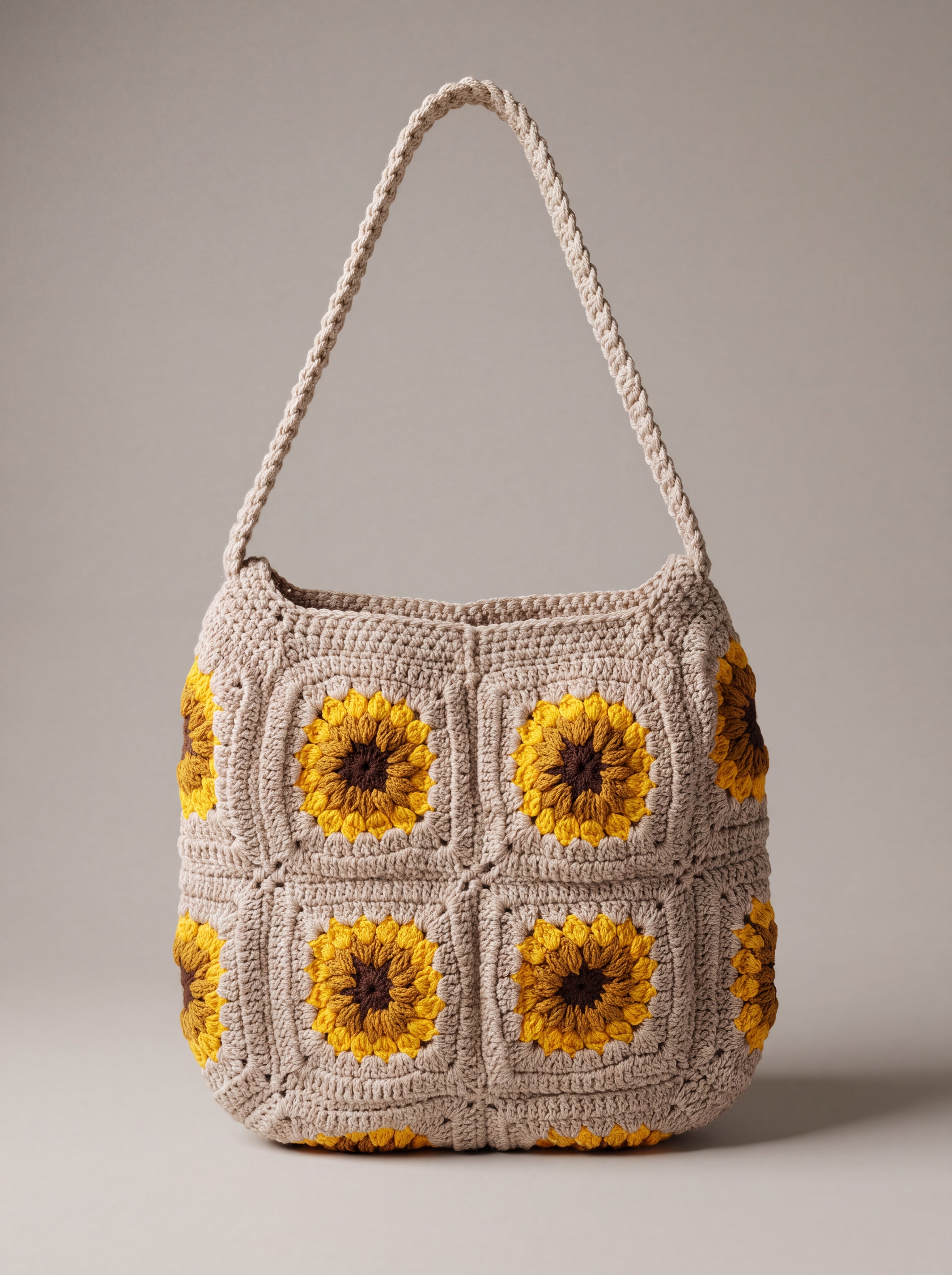 Front of the beige crochet crossbody bag with four sunflower squares and a long braided strap — handmade by Ana Chic