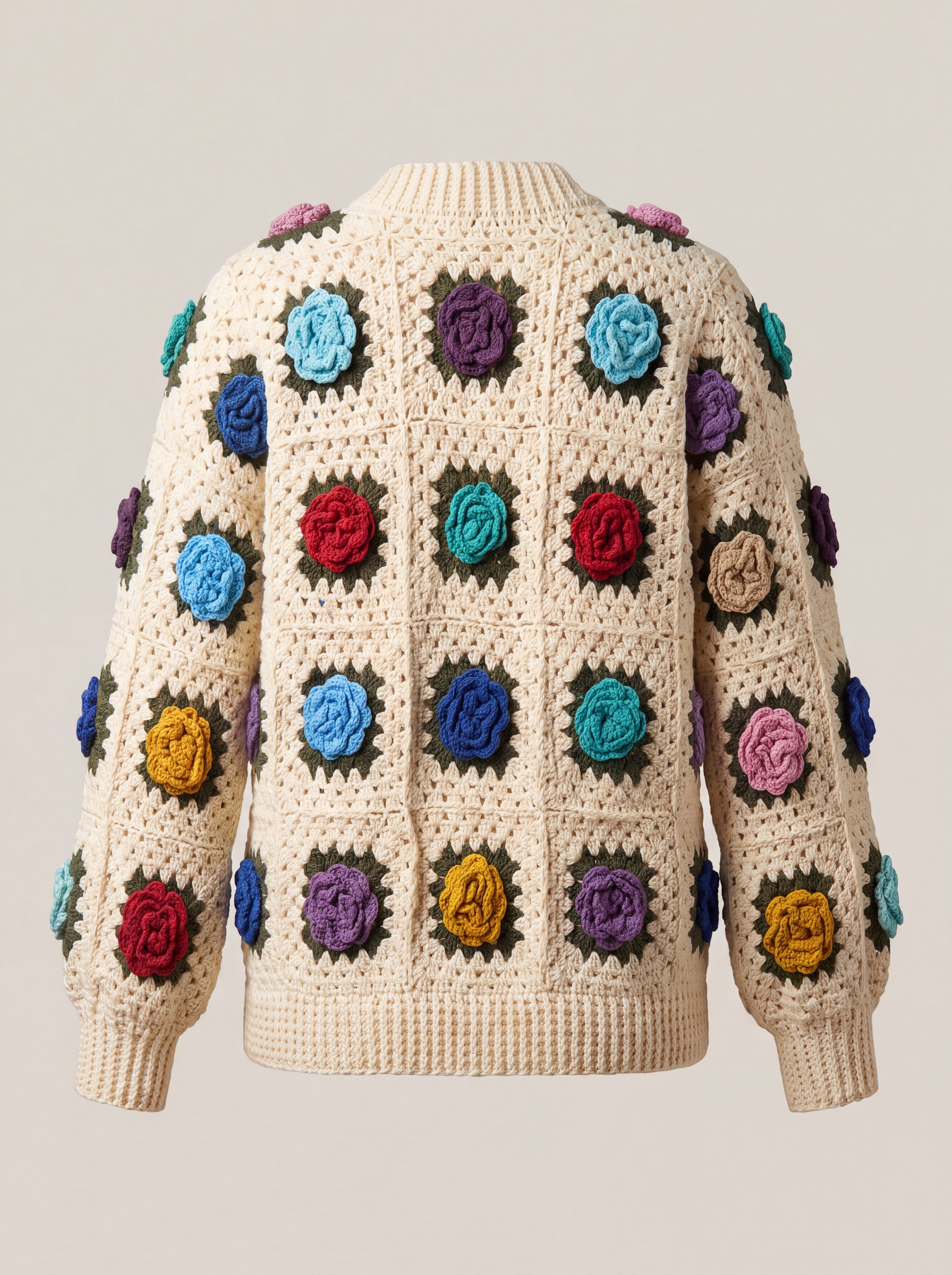 Back of cream granny-square cardigan with a raised crochet rose in every square and a deep ribbed hem — handmade by Ana Chic