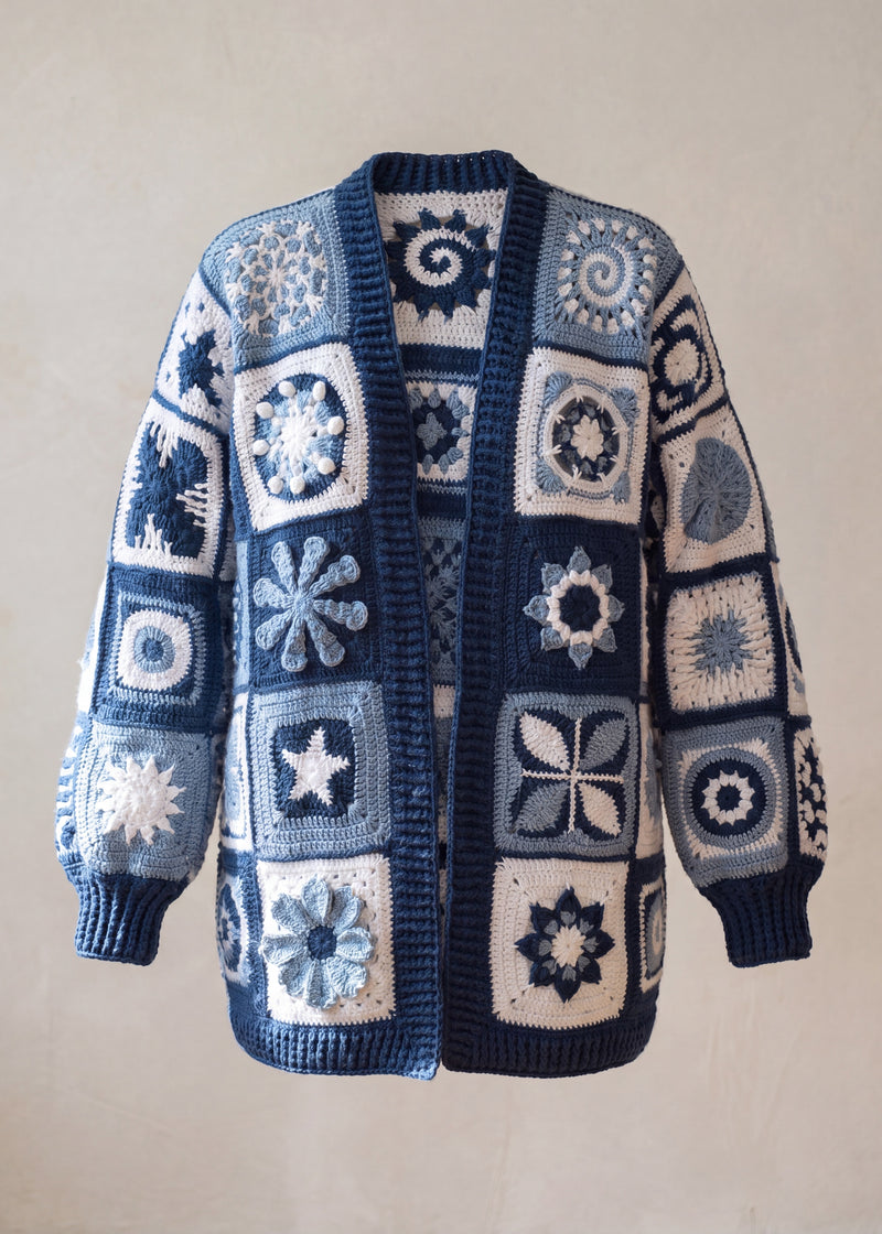 Long navy and white granny-square cardigan, every square a different crochet motif, front view - handmade by Ana Chic