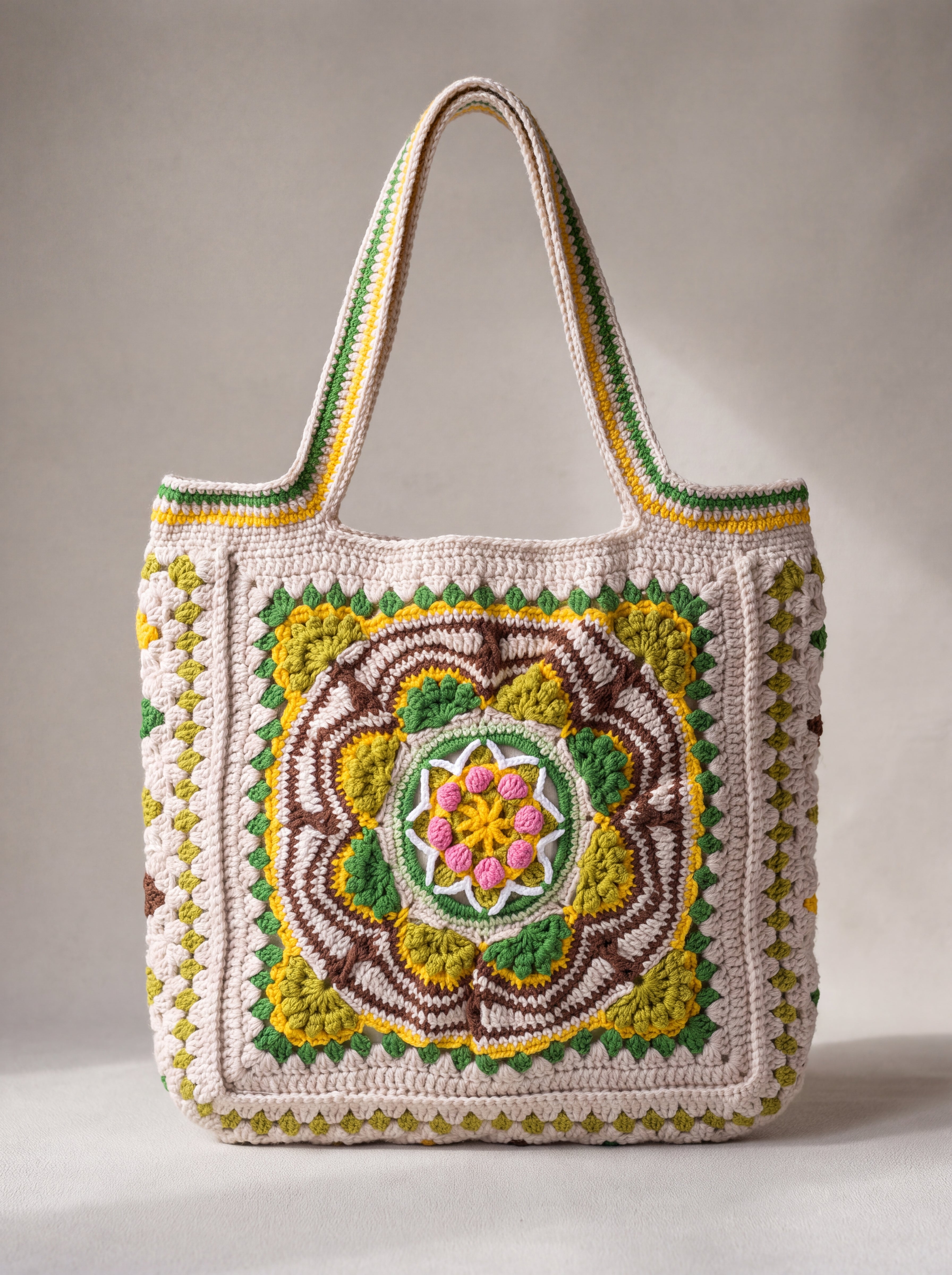 Front of the green crochet tote bag with its raised crocheted medallion — handmade by Ana Chic