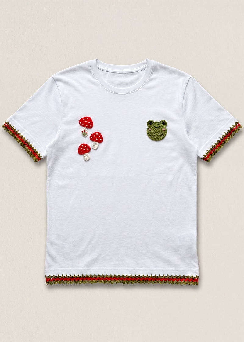 Handmade organic cotton t-shirt with crochet accents by Ana Chic