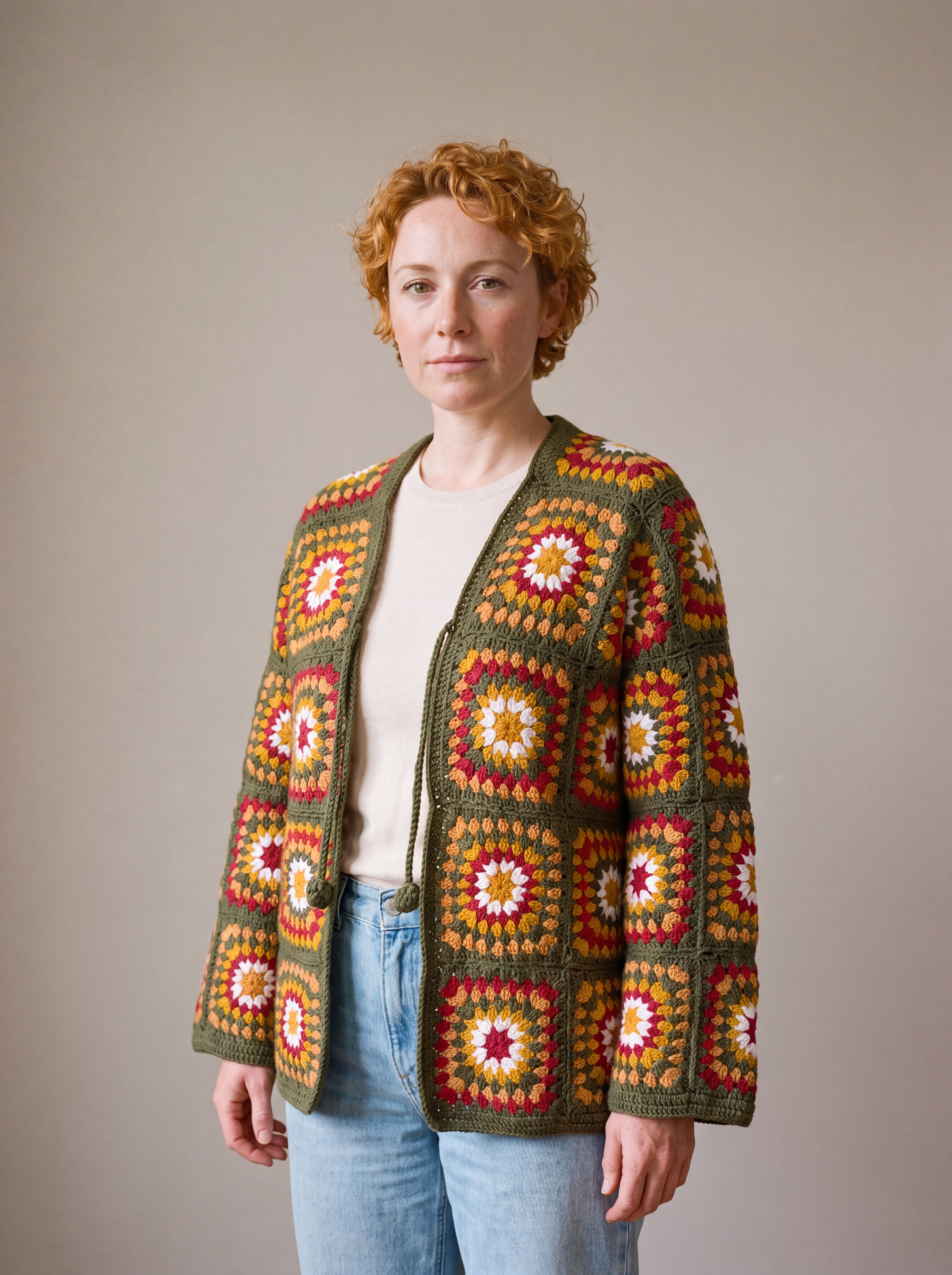 Green Boho Cardi worn by a model, olive green granny square crochet cardigan with crochet ties, open over a cream top