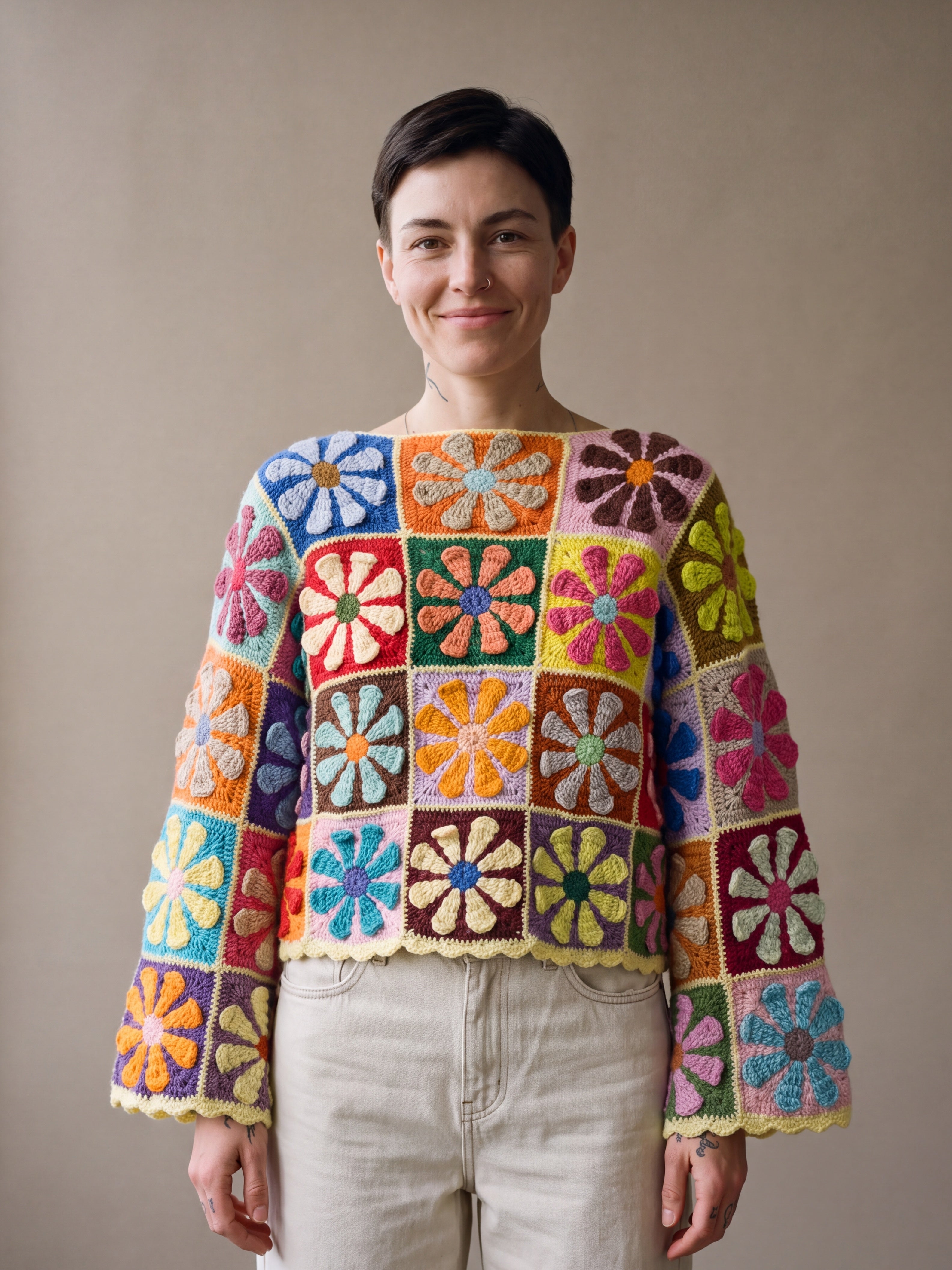 Woman wearing the Flower Jumper, a handmade crochet granny-square jumper with flat daisy motifs, boat neckline and wide bell sleeves, styled with ecru jeans