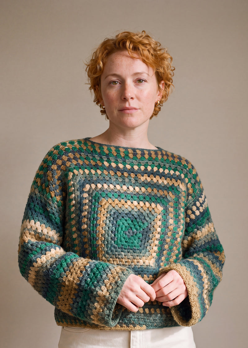 Forest Chunky Wool Jumper worn by a model, showing the wide sleeves and relaxed fit — handmade by Ana Chic