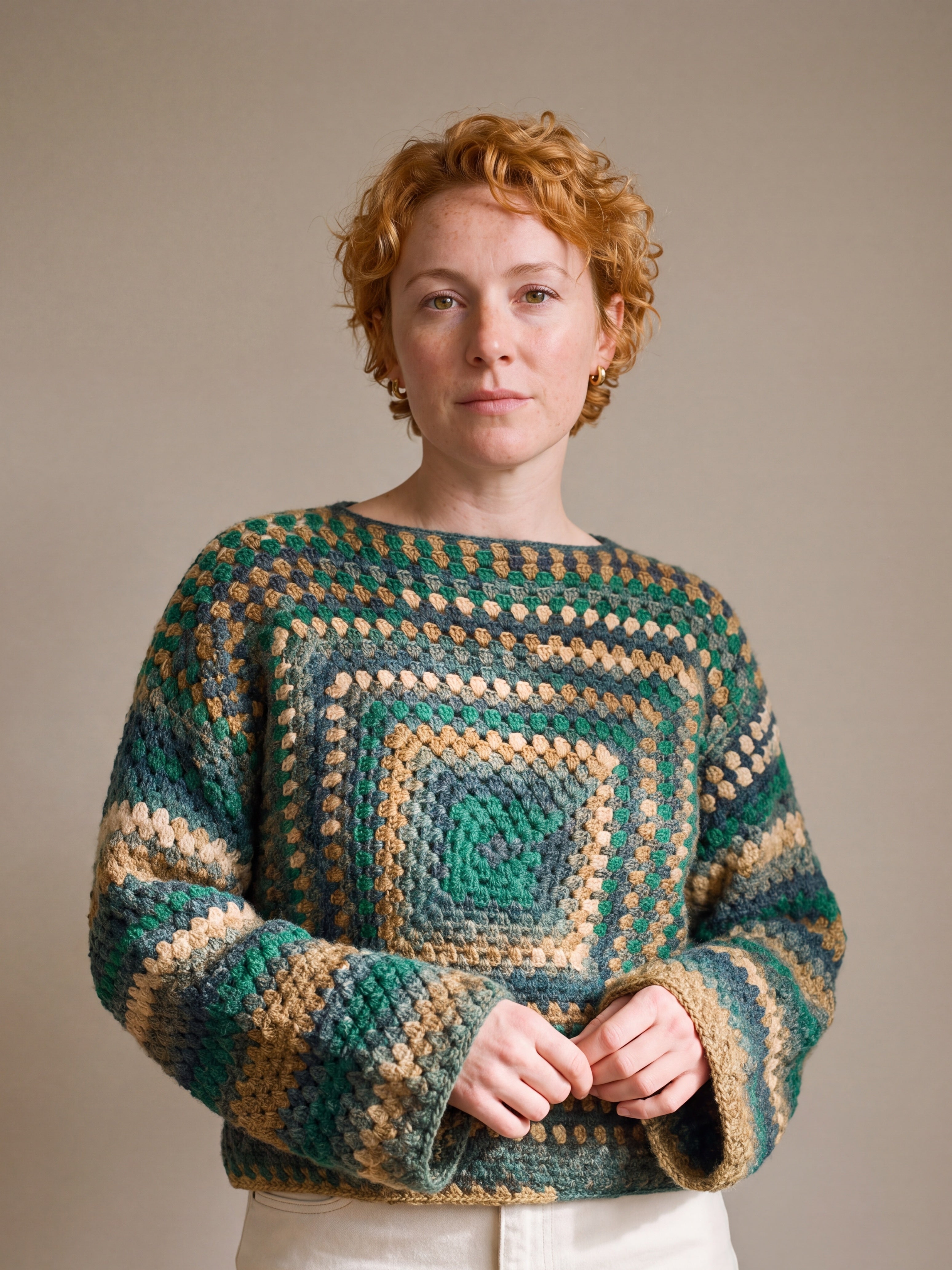 Forest Chunky Wool Jumper worn by a model, showing the wide sleeves and relaxed fit — handmade by Ana Chic