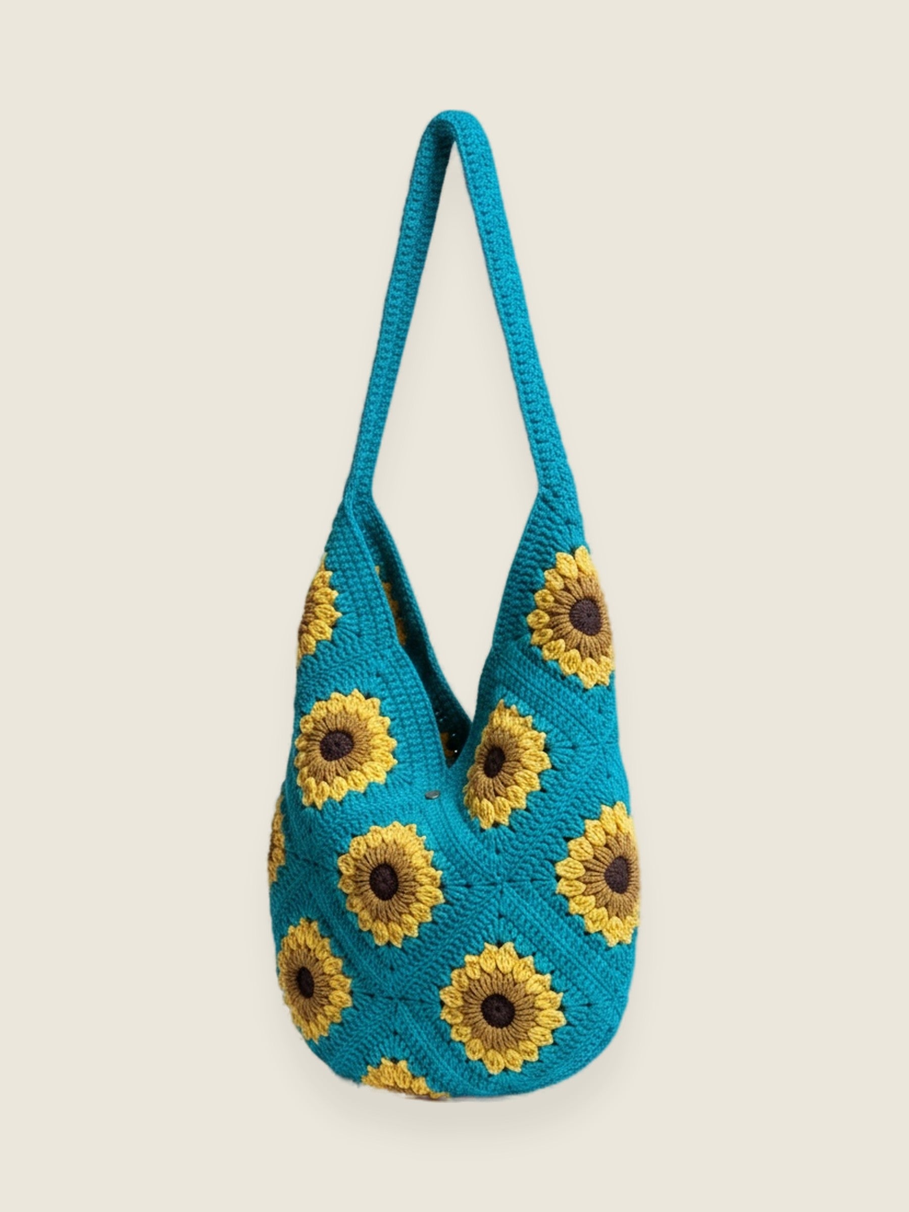 Green Sunflower Bag — handmade organic cotton crochet bag by Ana Chic, styled view