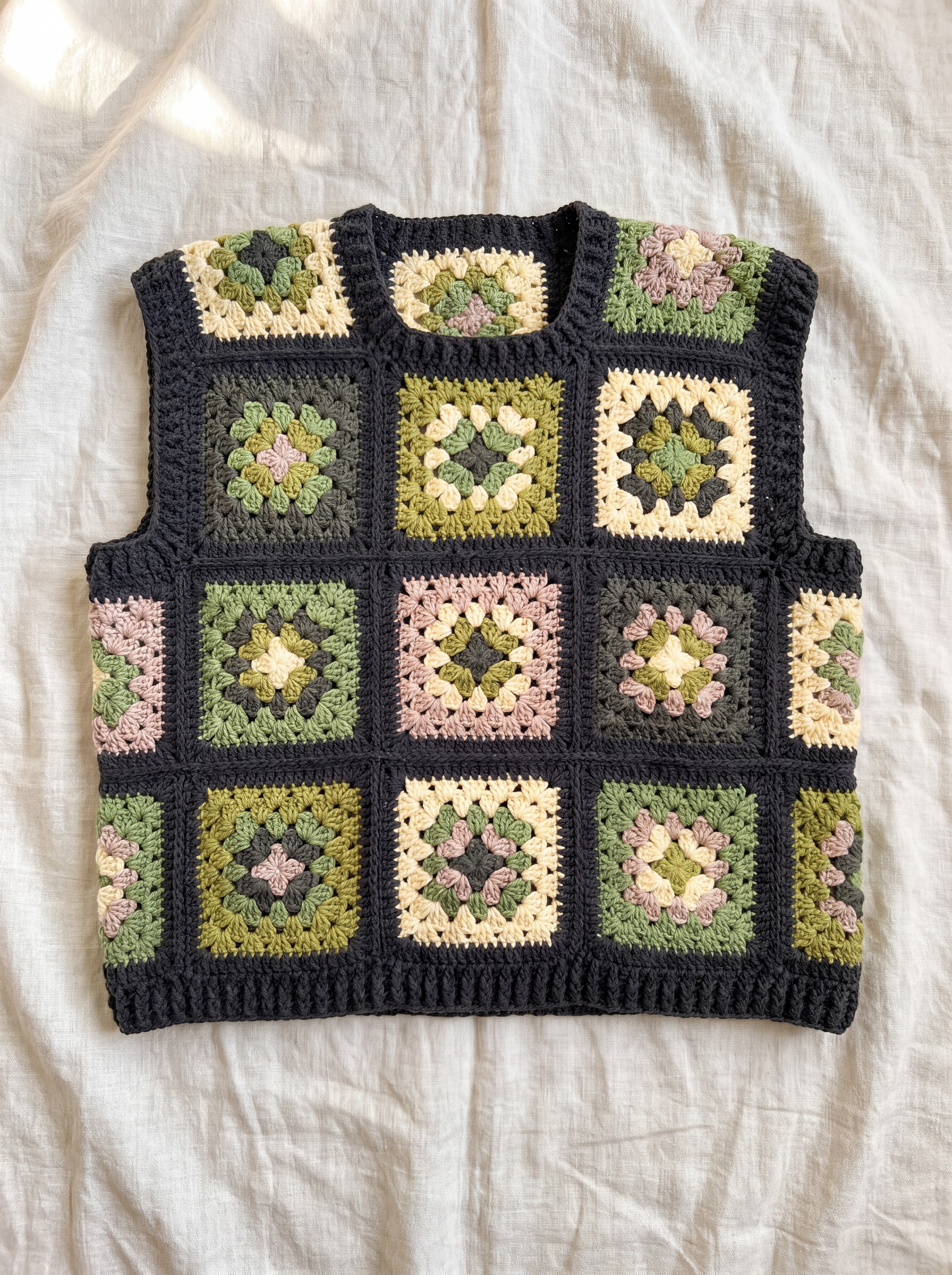 Green granny square crochet vest, front, laid flat on linen