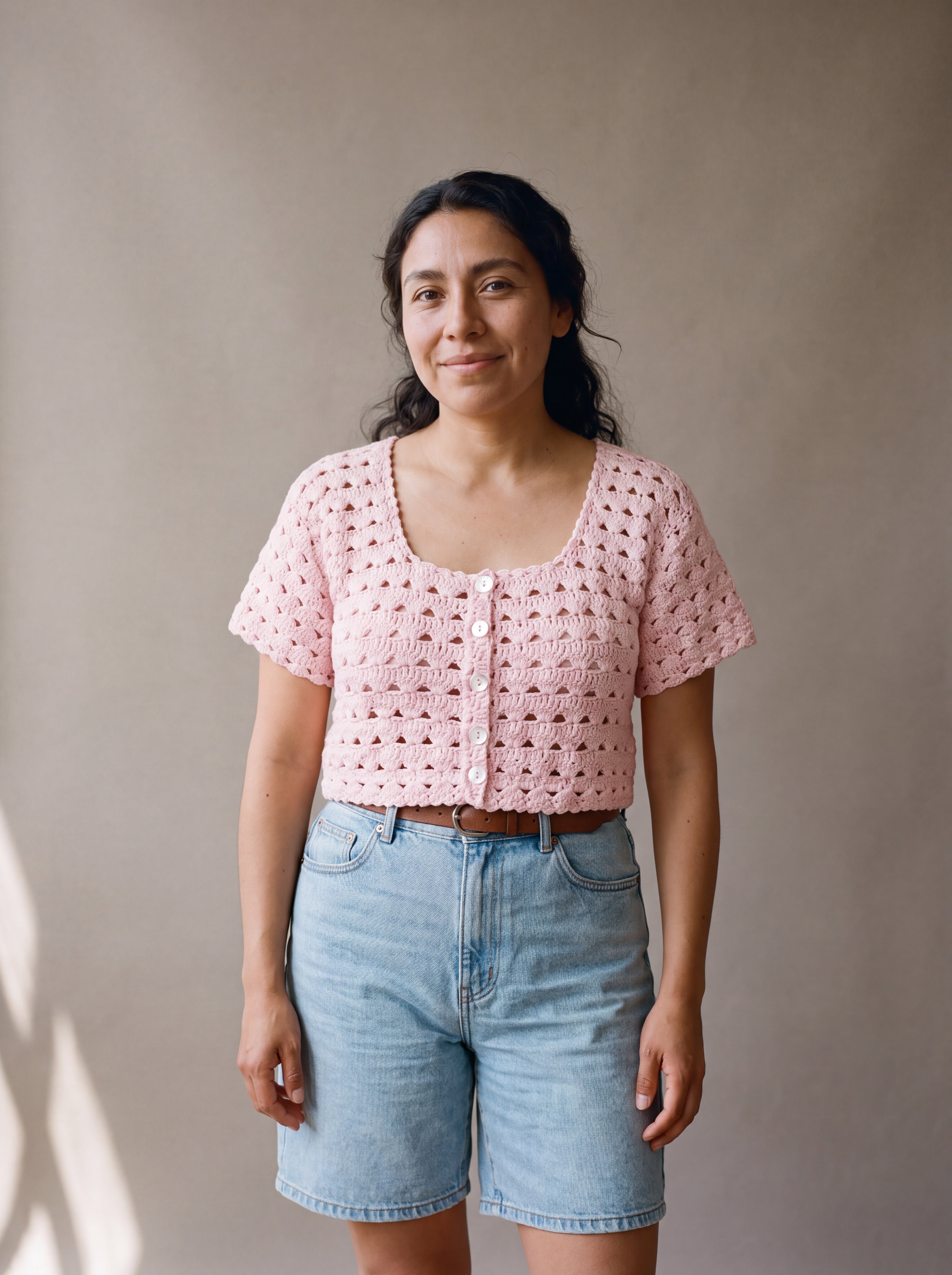 Ivory hand-crocheted organic cotton cropped top in baby pink, worn buttoned with five pearl buttons - Ana Chic